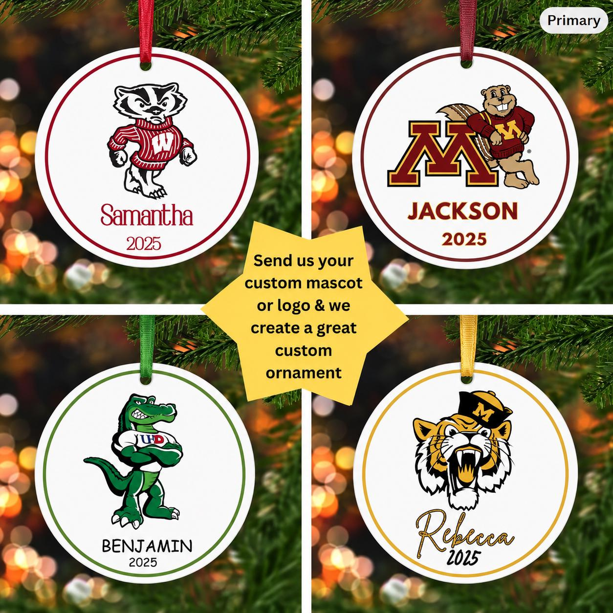 Personalized School Mascot Ornament - Handmade Hardwood, Ceramic or Metal Keepsake Personalized School Mascot Ornament - Handmade Hardwood, Ceramic or Metal Keepsake