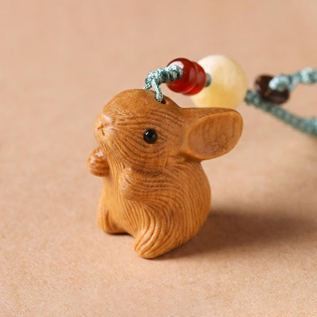 Hand Carved Wooden Rabbit Keychain - Lucky Bunny Bag Charm, Car Mirror Pendant