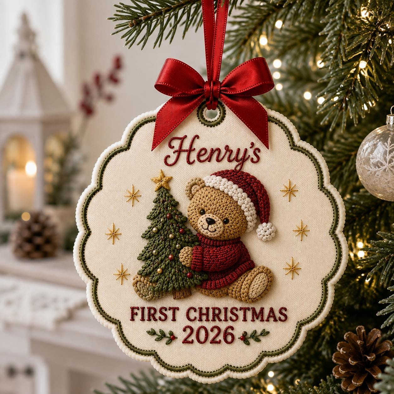 Personalized Baby's 1st Christmas Ornament 2026, Custom Name Woodland Embroidery Keepsake, New Baby Gift