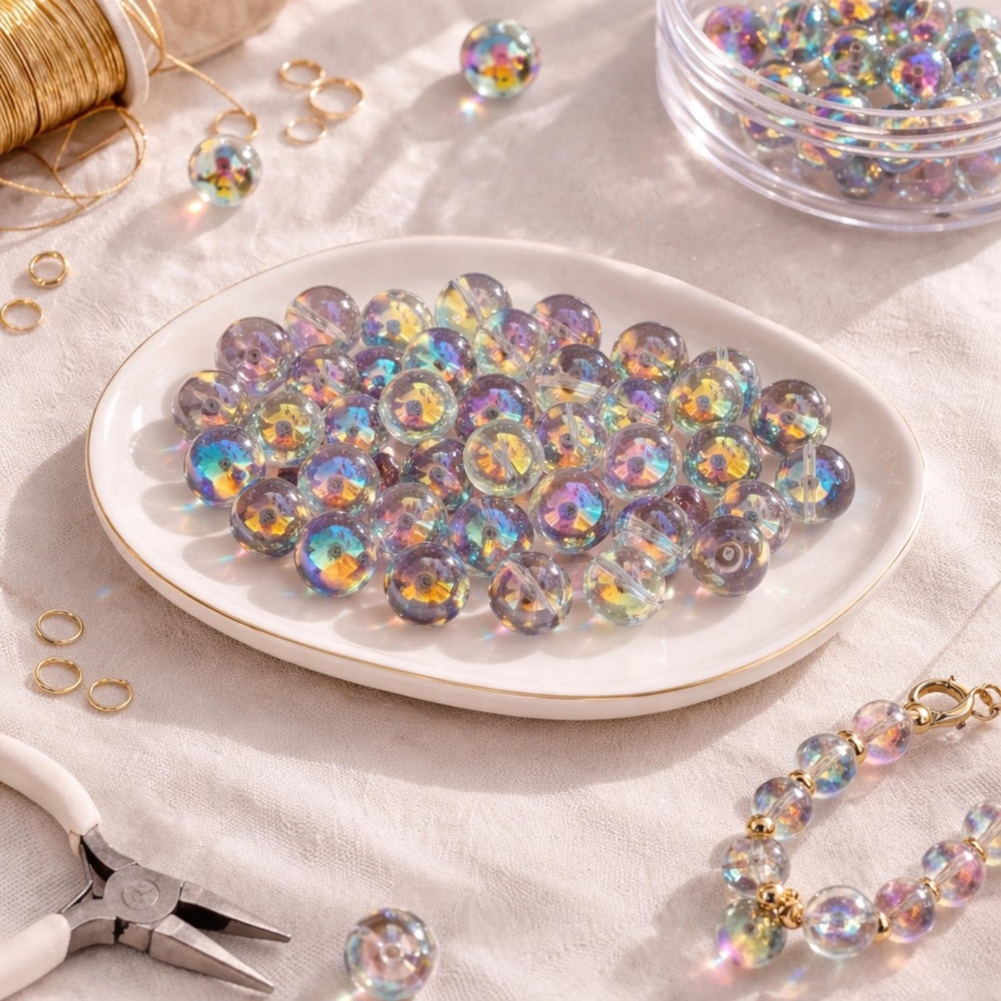 10mm Iridescent Glass Beads for Jewelry Making – AB Rainbow Finish Center-Drilled Round Beads 10mm Iridescent Glass Beads for Jewelry Making – AB Rainbow Finish Center-Drilled Round Beads