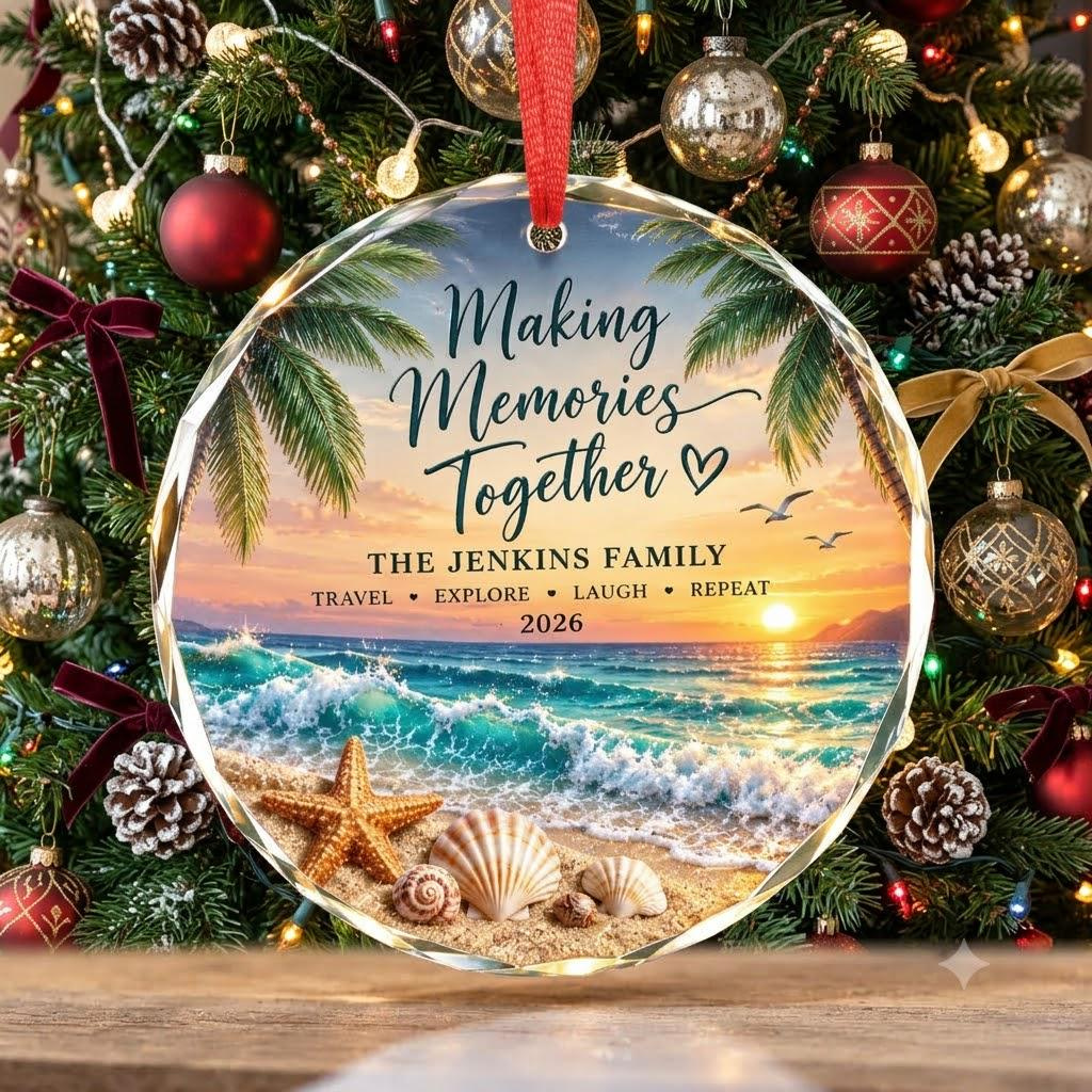 Personalized Family Christmas Ornament 2026, Beach Vacation Keepsake, Custom Family Name Ceramic & Crystal Glass Gift