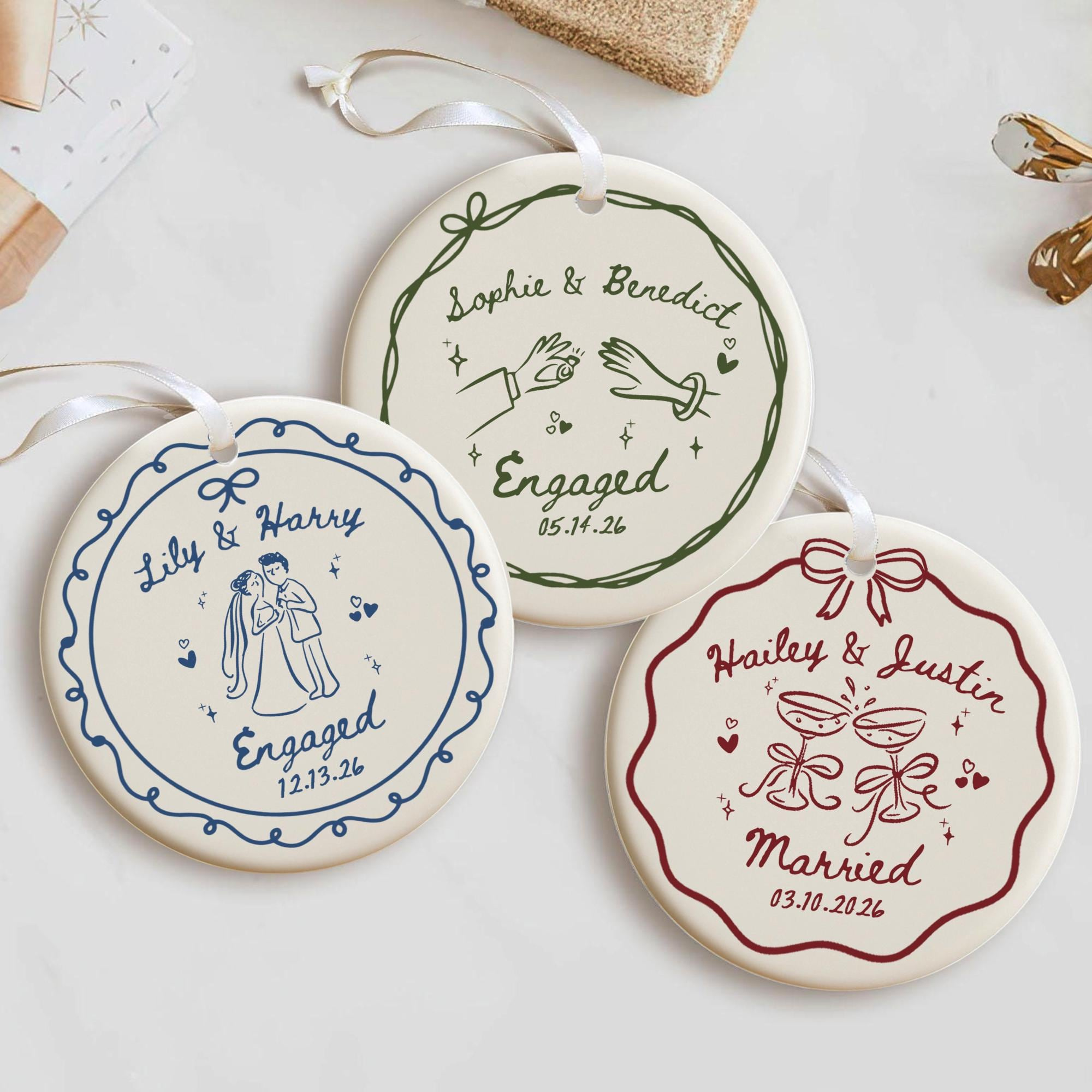 2-Sided Custom Ceramic Engagement & Wedding Ornament – Personalized Names & Dates