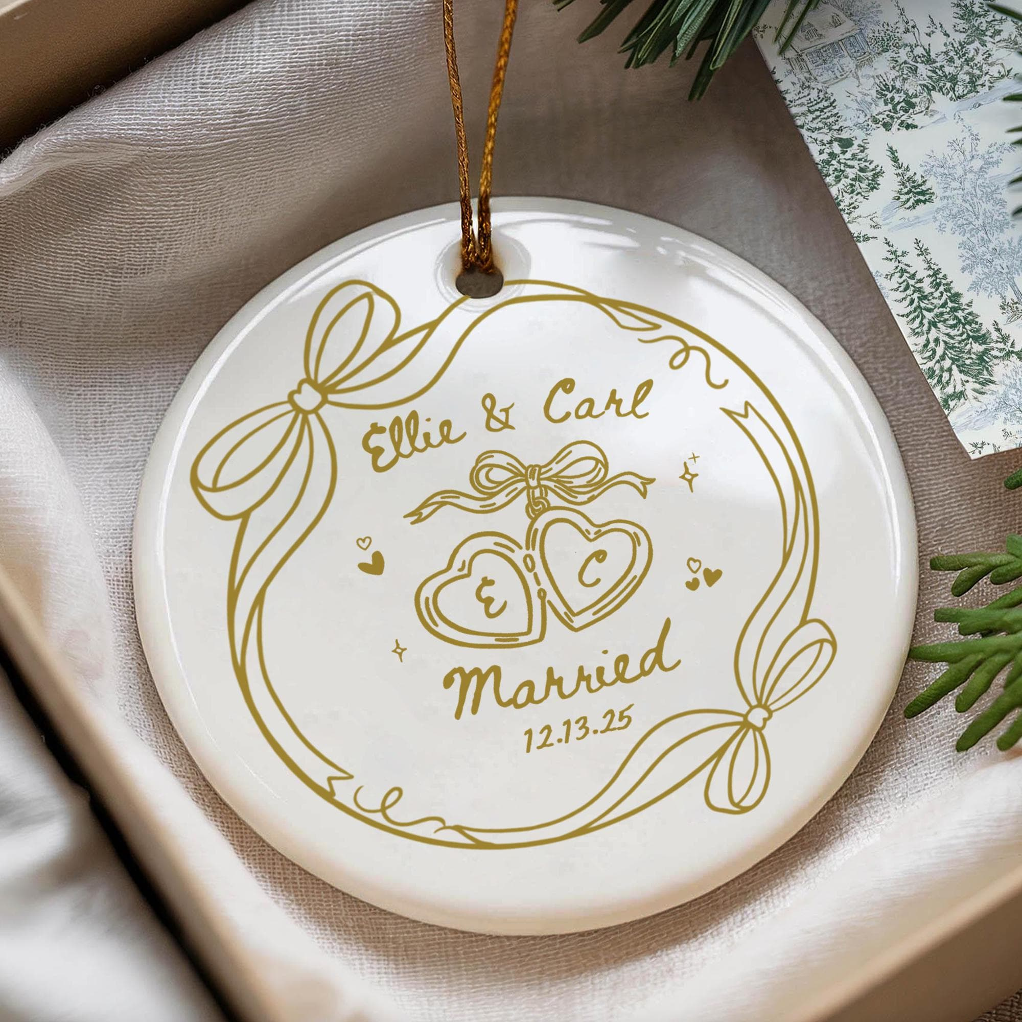 2-Sided Custom Ceramic Engagement & Wedding Ornament – Personalized Names & Dates 1 - MeasureMason 2-Sided Custom Ceramic Engagement & Wedding Ornament – Personalized Names & Dates 1