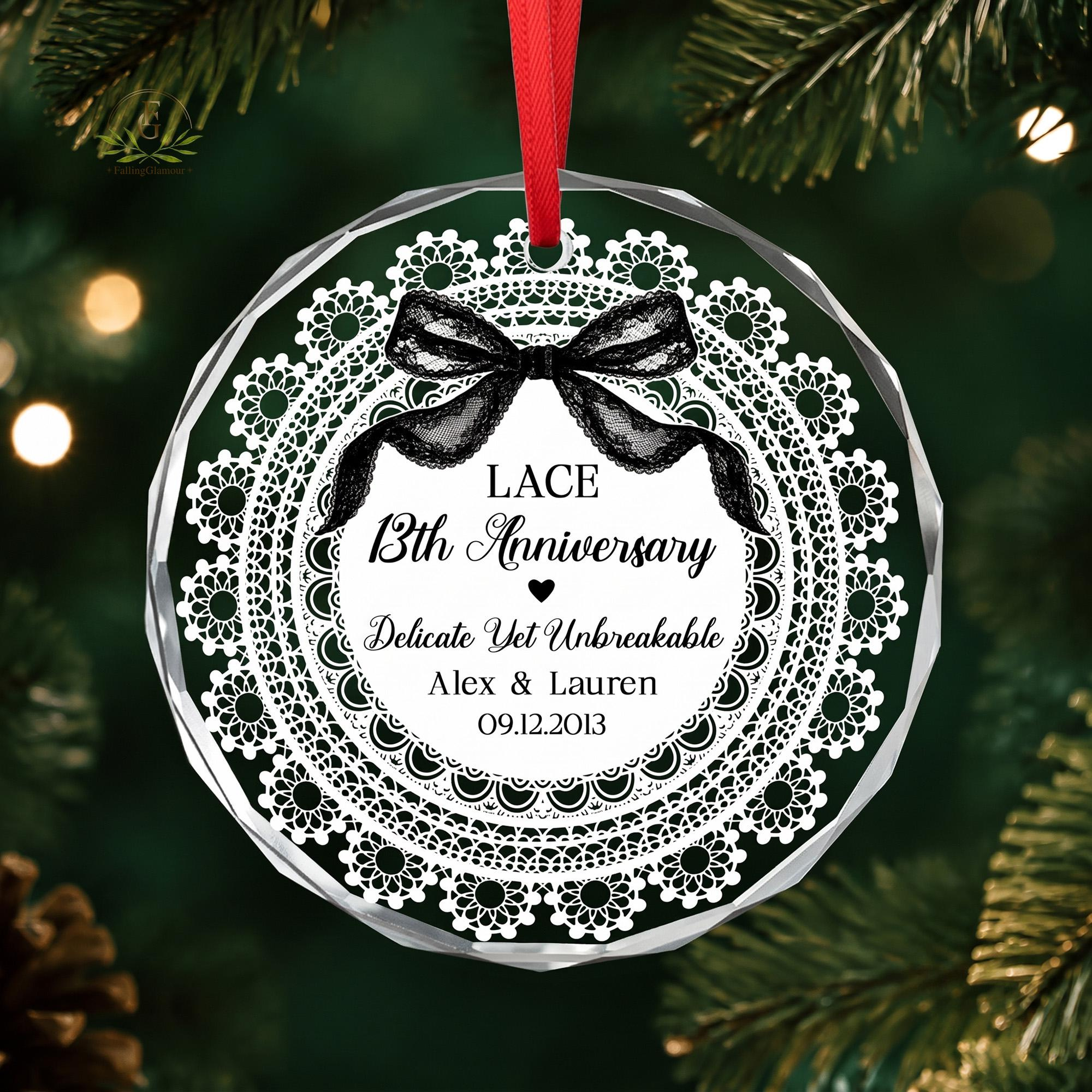 13th Anniversary Lace Ornament Personalized Gift - Wedding Keepsake for Couple, Husband Wife - Custom Names & Date 1
