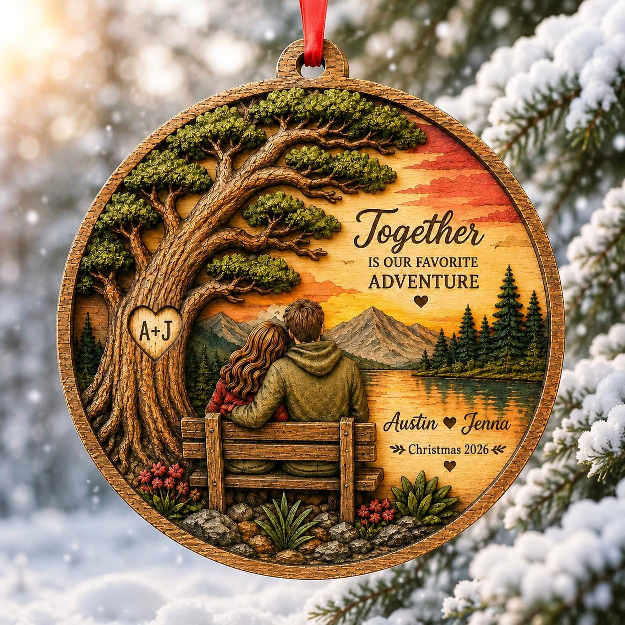 Personalized Couple Wood Christmas Ornament - Custom Adventure Mountain Keepsake - First Christmas Together Gift