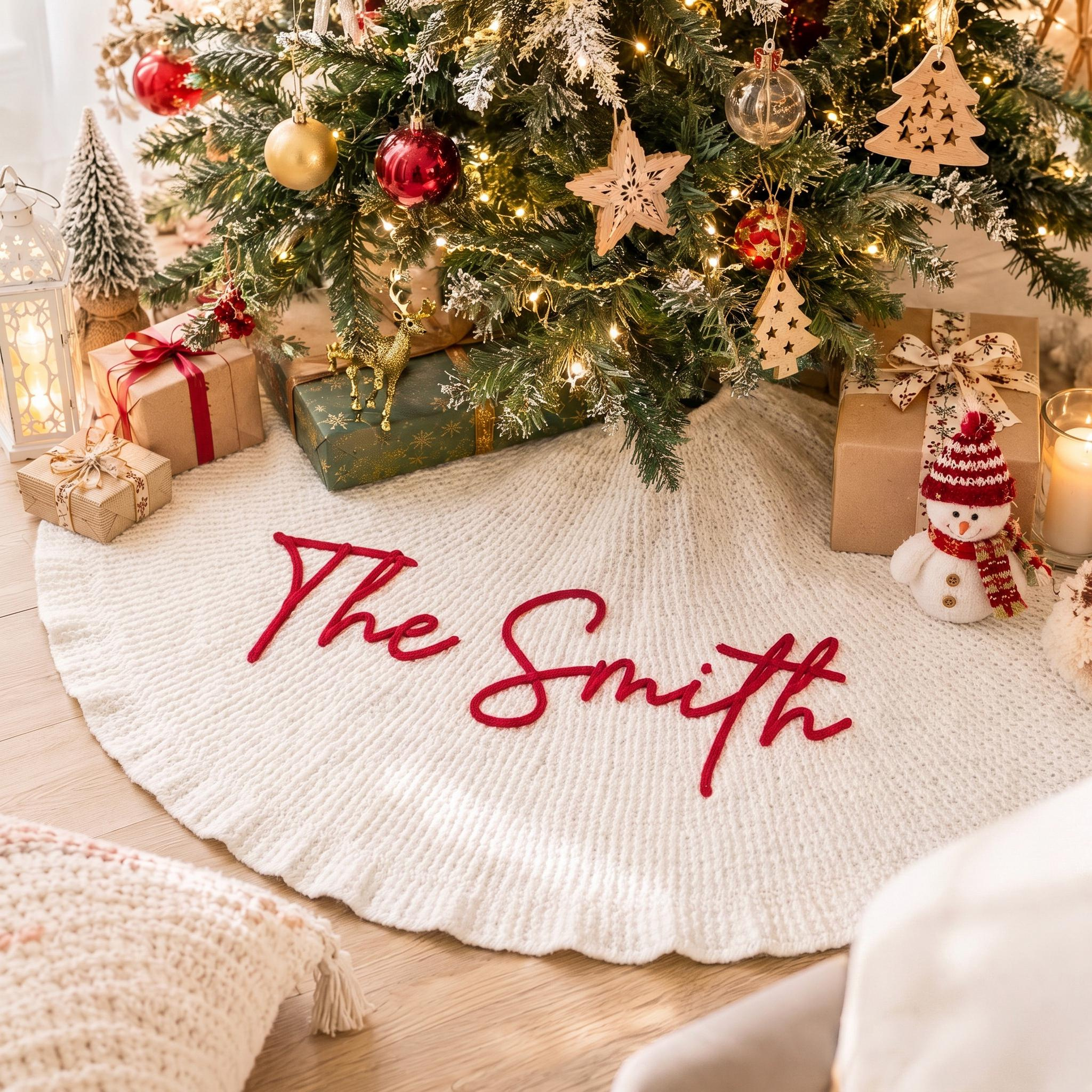 Personalized Christmas Tree Skirt, Custom Family Name, Knitted Christmas Decor, Family Gift 1 - MeasureMason Personalized Christmas Tree Skirt, Custom Family Name, Knitted Christmas Decor, Family Gift 1