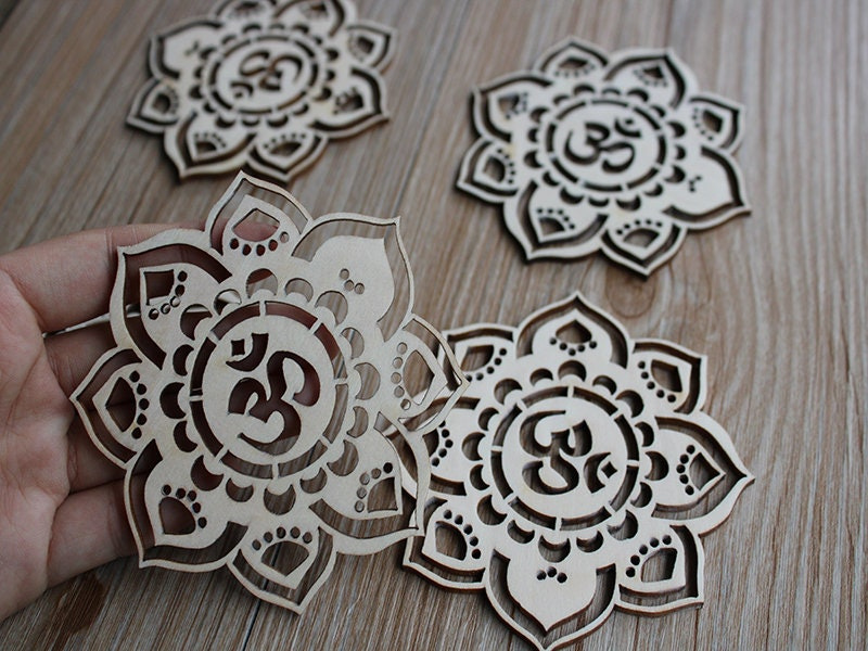 OM Lotus Mandala Wood Coasters - Laser Cut Unfinished Wood Craft Supply for DIY Projects