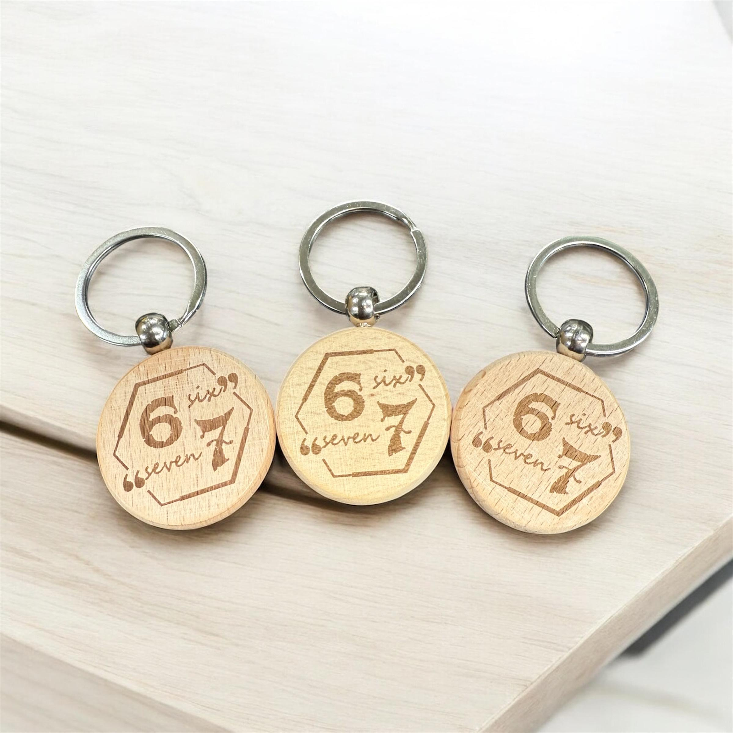 Six Seven Wooden Keychain, Double Sided Round 67 Key Chain