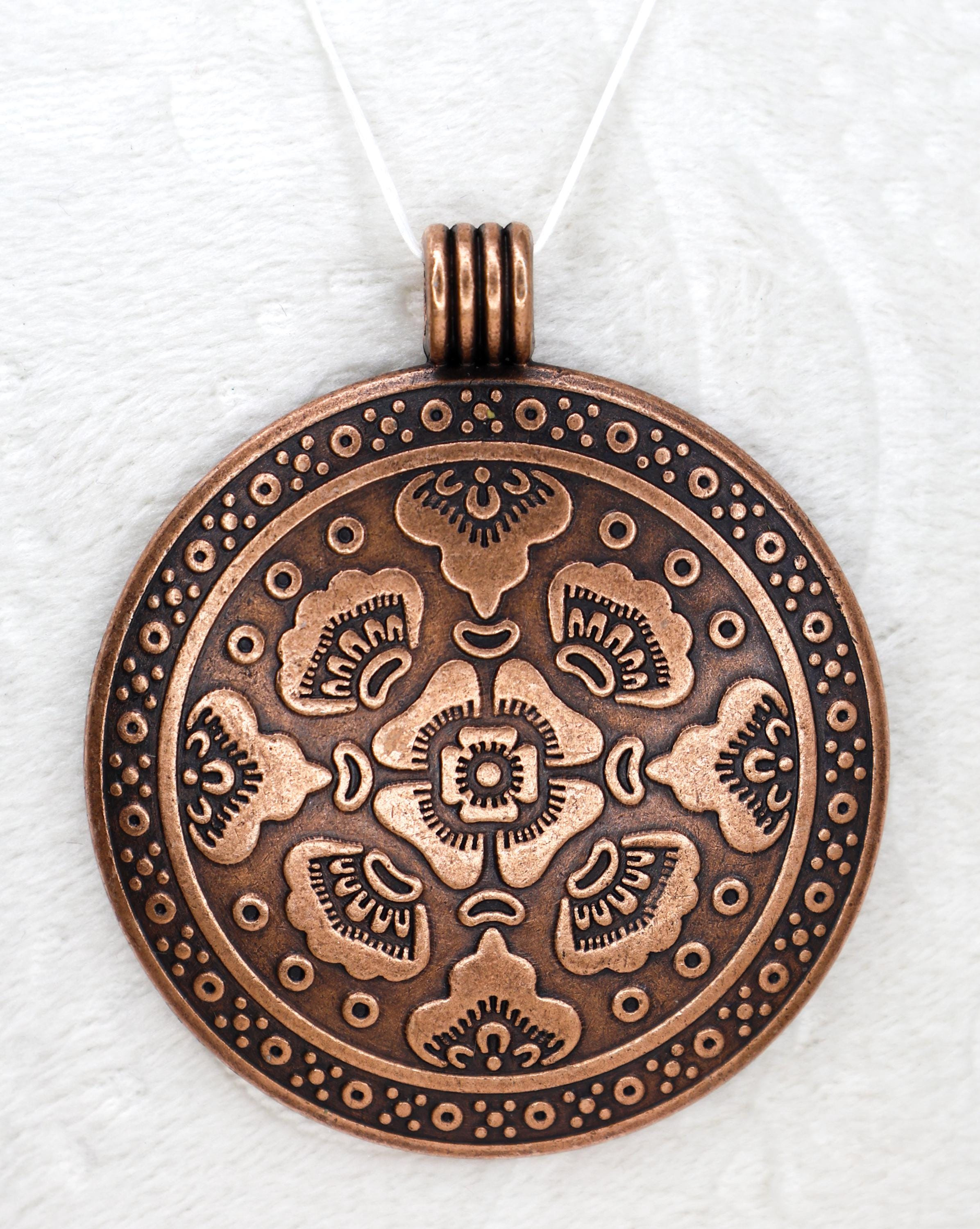 Aged Copper Medallion Charm, Ornate Round Stamped Metal Focal for Jewelry Making