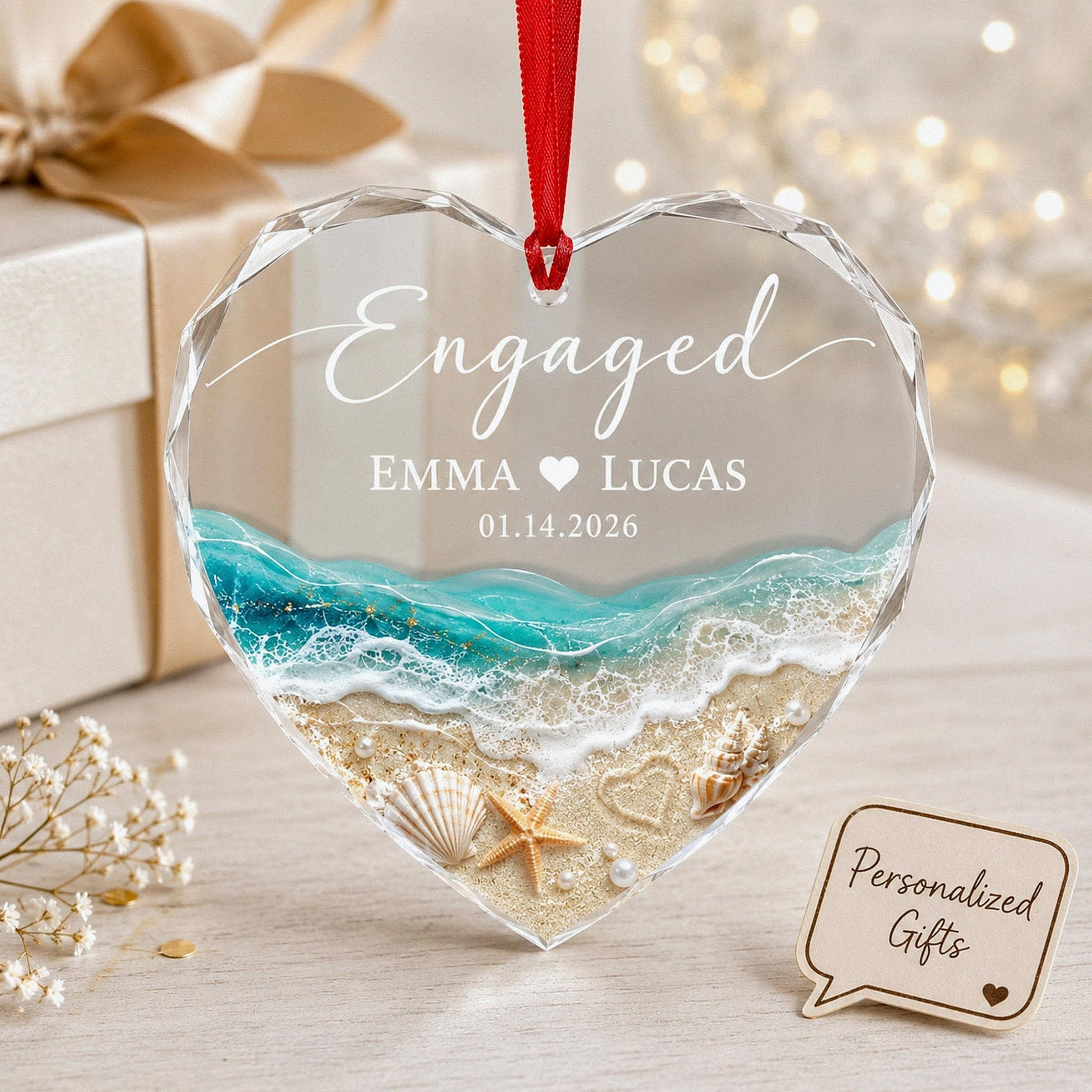 Personalized Beach Engaged Ornament 2026, Ocean Wave Glass Keepsake for Couple