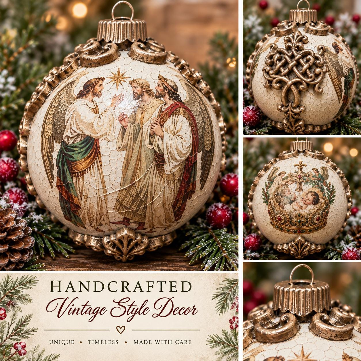 Handmade Christmas Ornament, Vintage Style Decoupage Holiday Decor