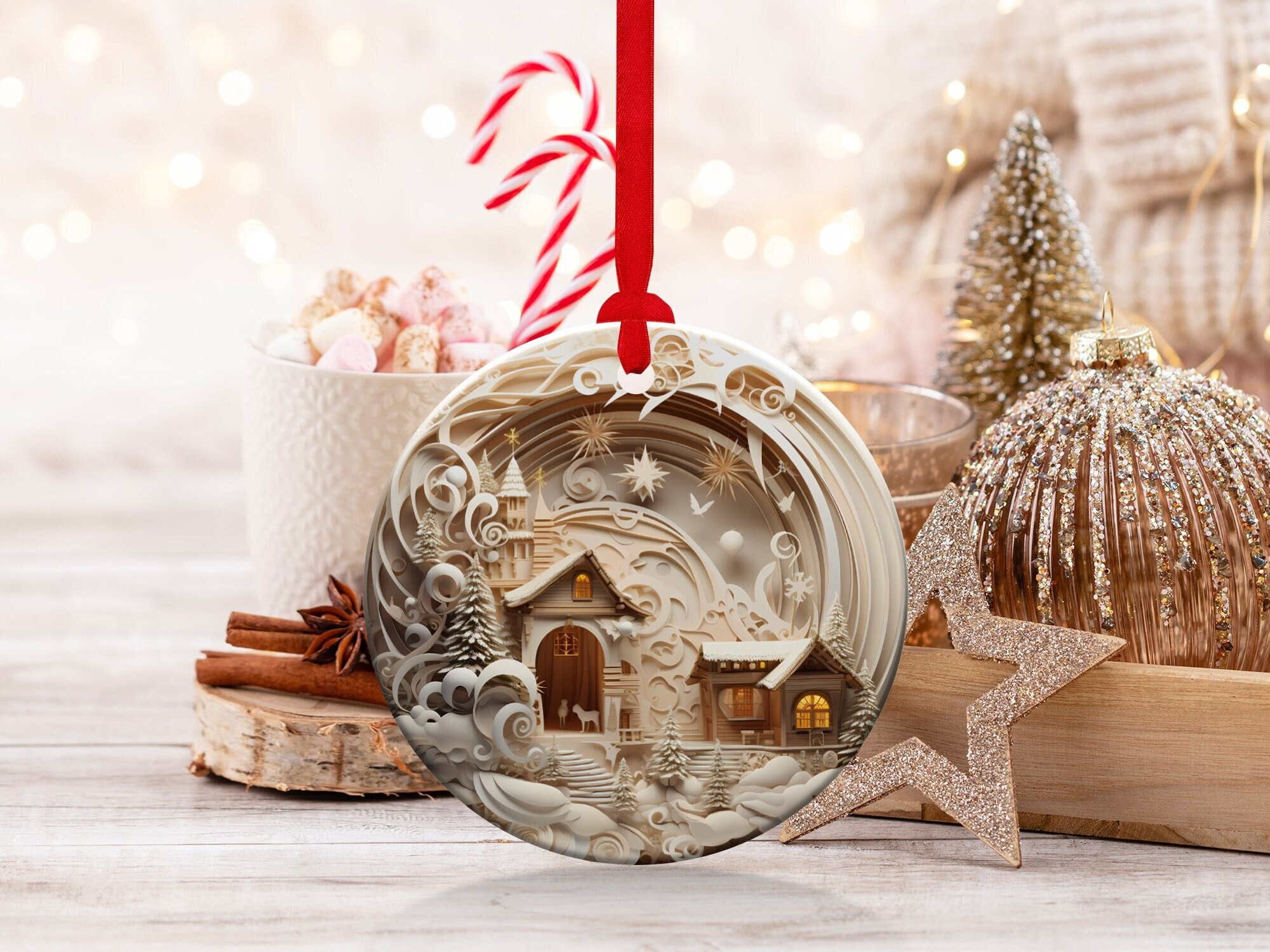 Christmas Ornament Round Ceramic Holiday Keepsake Gift Christmas Ornament Round Ceramic Holiday Keepsake Gift