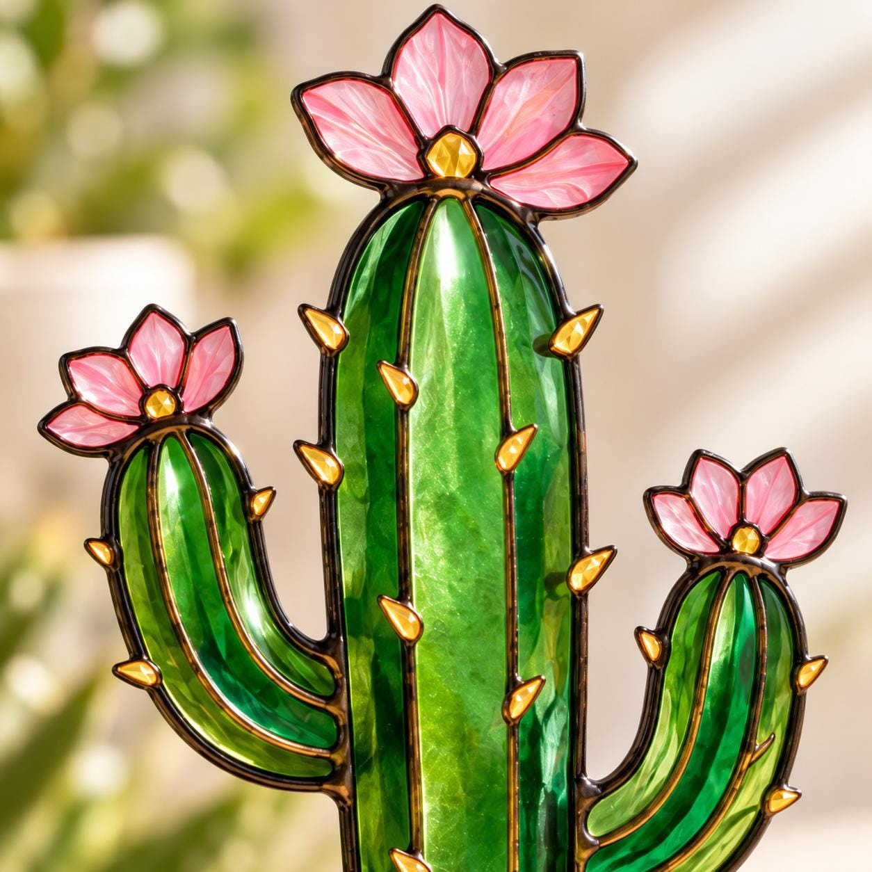 Cactus Plant Stake, Stained Glass Style Acrylic Flowering Cactus Pot Decor 2 - MeasureMason Cactus Plant Stake, Stained Glass Style Acrylic Flowering Cactus Pot Decor 2