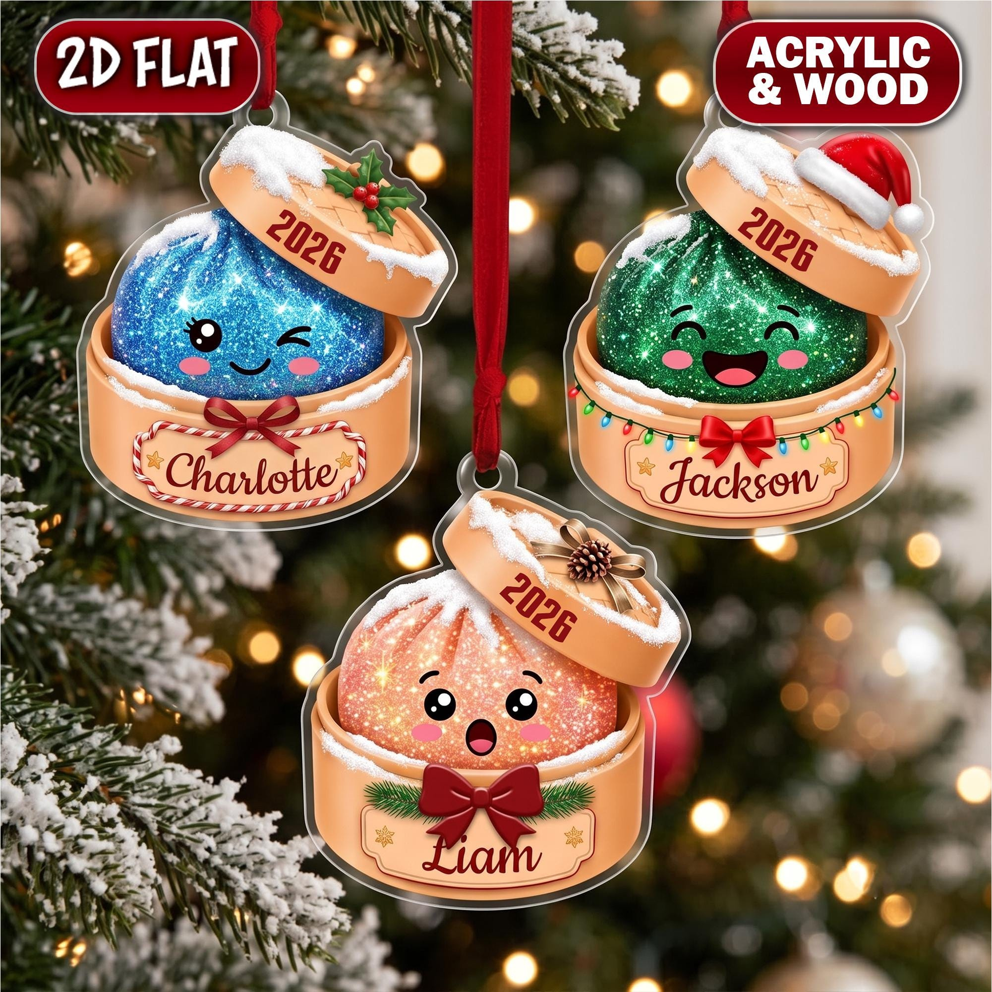 Personalized Dumpling Christmas Ornament - 2D Flat Custom Name Holiday Keepsake, Cute Tree Decor Gift