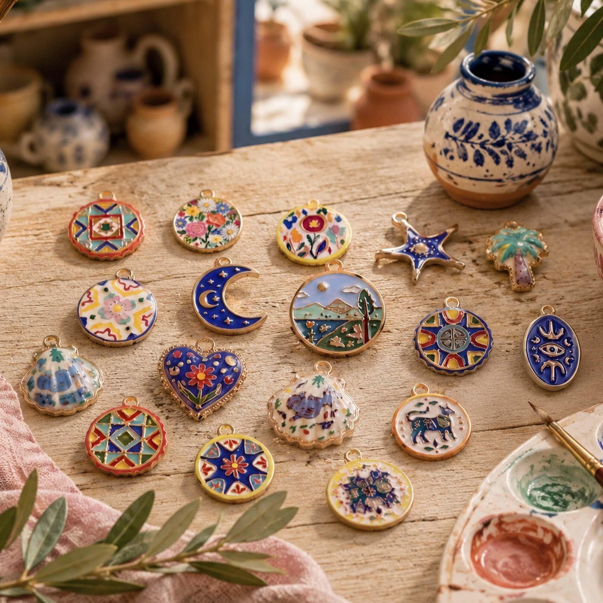 Boho Enamel Charms for Jewelry Making, Colorful Moon Star Floral Gold Tone Pendants