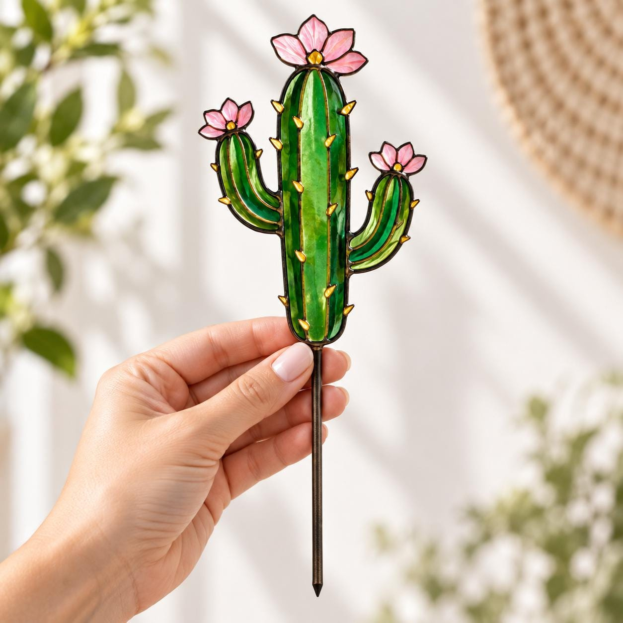 Cactus Plant Stake, Stained Glass Style Acrylic Flowering Cactus Pot Decor 1 - MeasureMason Cactus Plant Stake, Stained Glass Style Acrylic Flowering Cactus Pot Decor 1