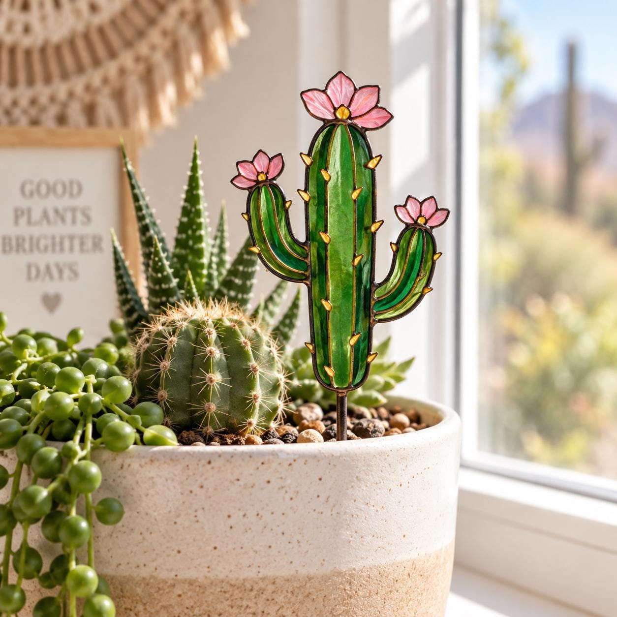 Cactus Plant Stake, Stained Glass Style Acrylic Flowering Cactus Pot Decor Cactus Plant Stake, Stained Glass Style Acrylic Flowering Cactus Pot Decor
