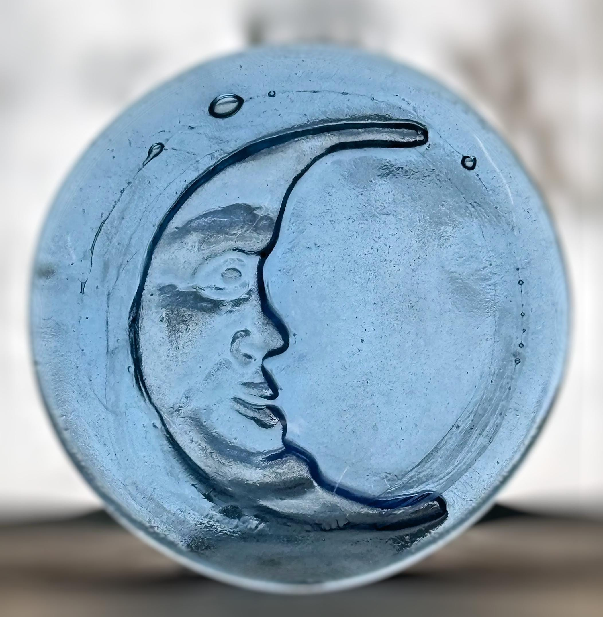 Moon Face Recycled Wine Bottle Glass Suncatcher, Handmade Stained Glass Roundel, Eco-Friendly Window Hanging Gift Moon Face Recycled Wine Bottle Glass Suncatcher, Handmade Stained Glass Roundel, Eco-Friendly Window Hanging Gift