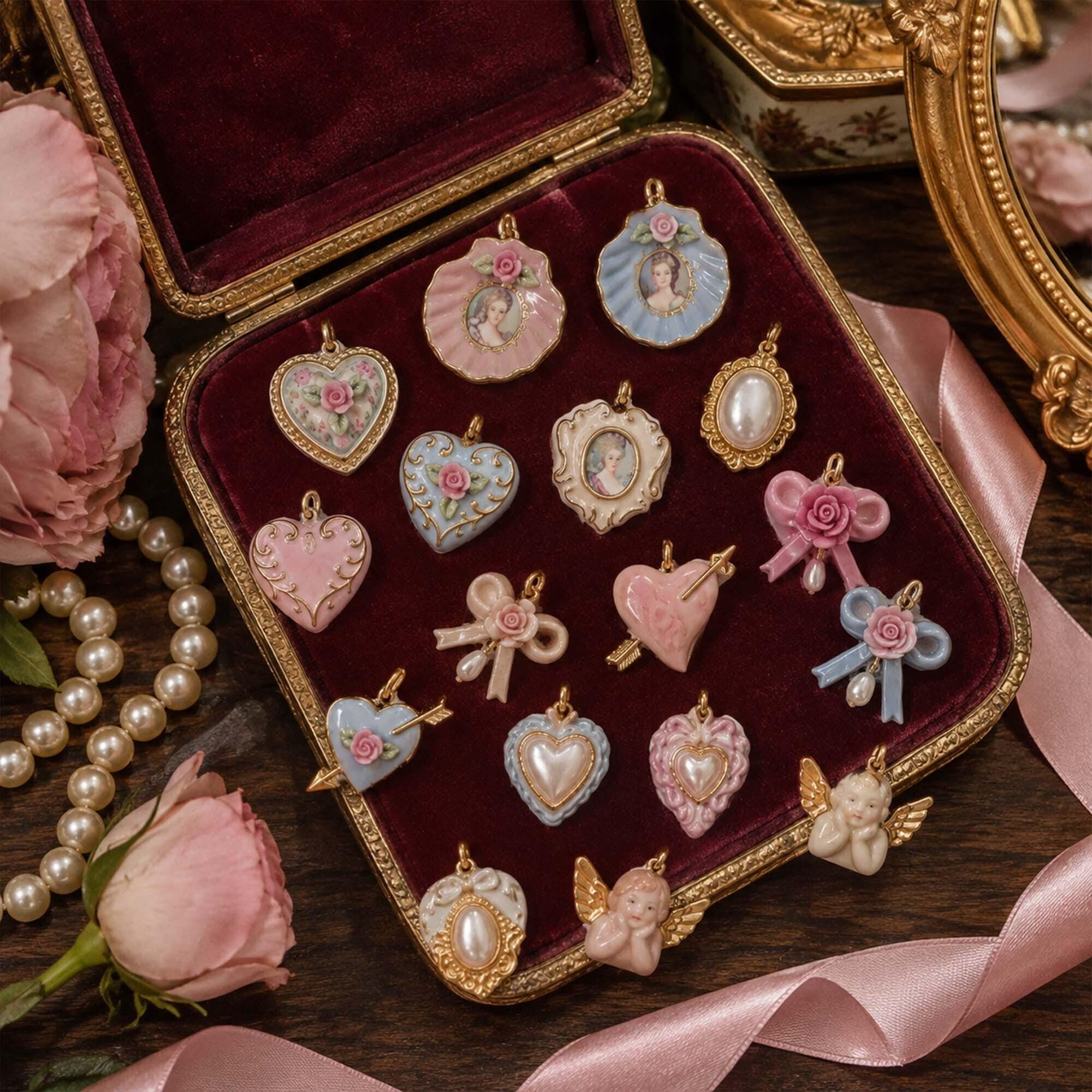 Vintage Romantic Enamel Charms for Jewelry Making - Heart Rose Cameo Pearl Bow Pendants DIY Supplies 1 - MeasureMason Vintage Romantic Enamel Charms for Jewelry Making - Heart Rose Cameo Pearl Bow Pendants DIY Supplies 1