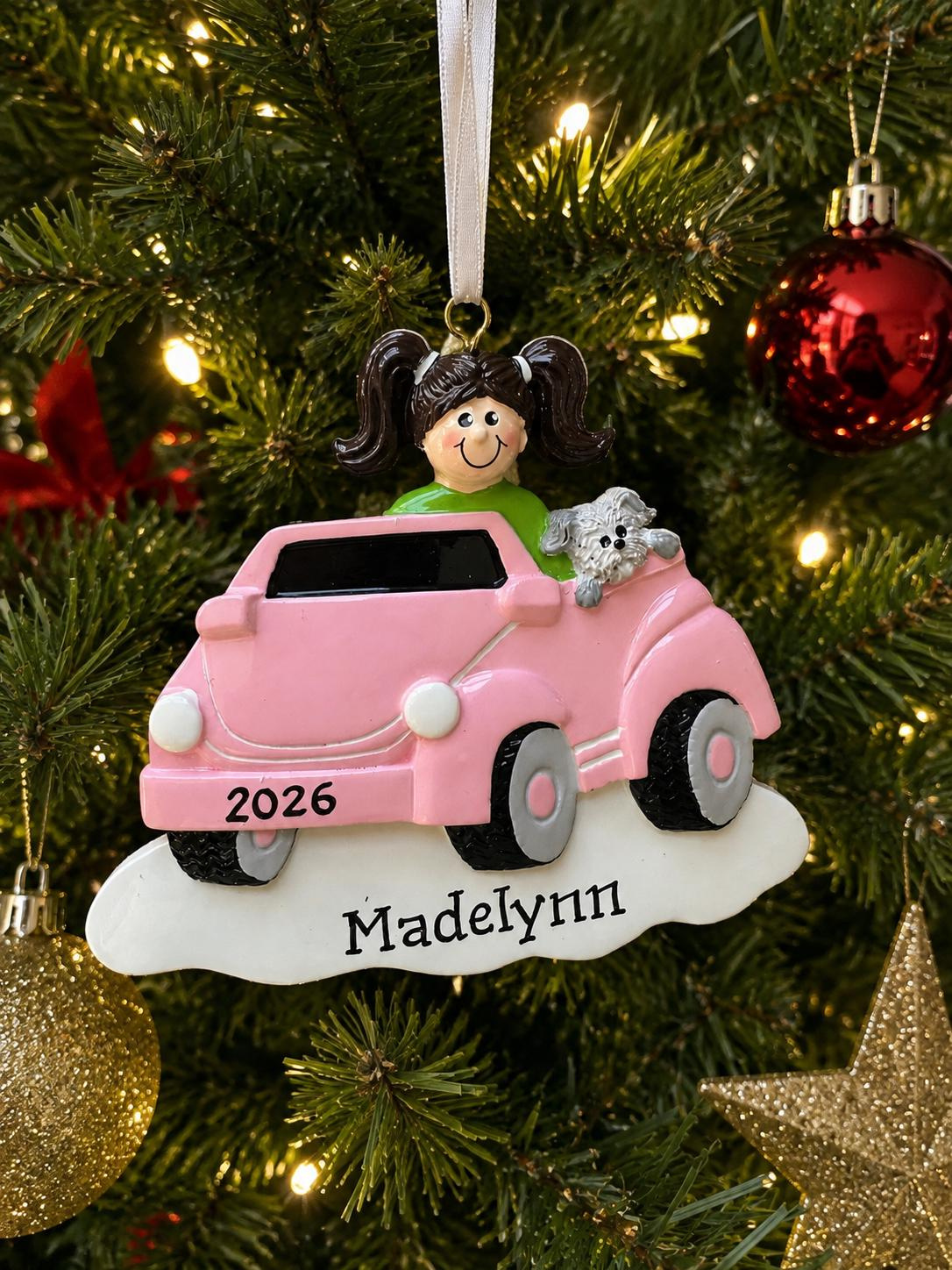 Personalized Pink Toy Car Christmas Ornament - Off Roading Girl - Custom Name Tree Decoration Kids Holiday Gift