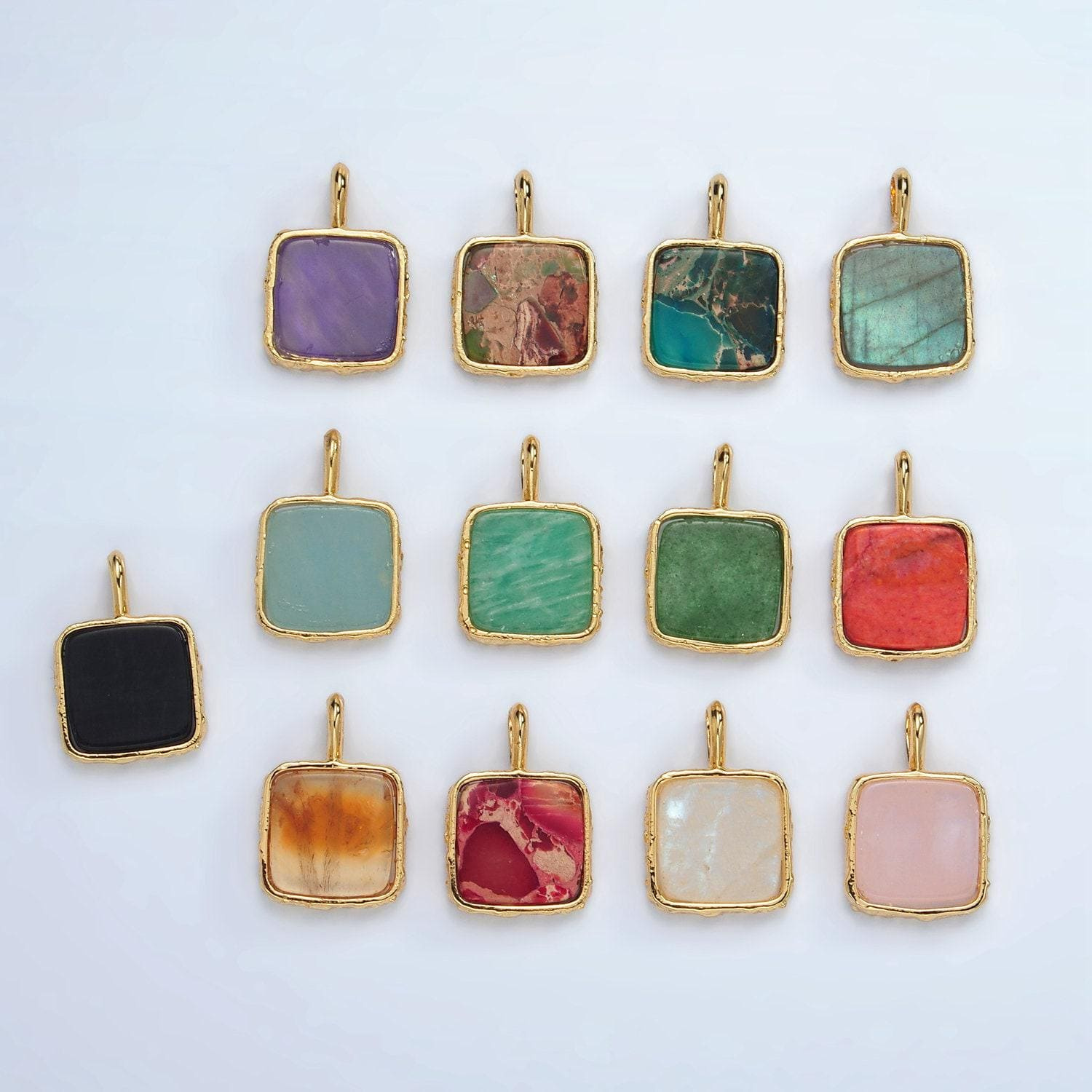 18mm Square Natural Gemstone Pendant - Gold Filled DIY Jewelry Component for Necklace Making