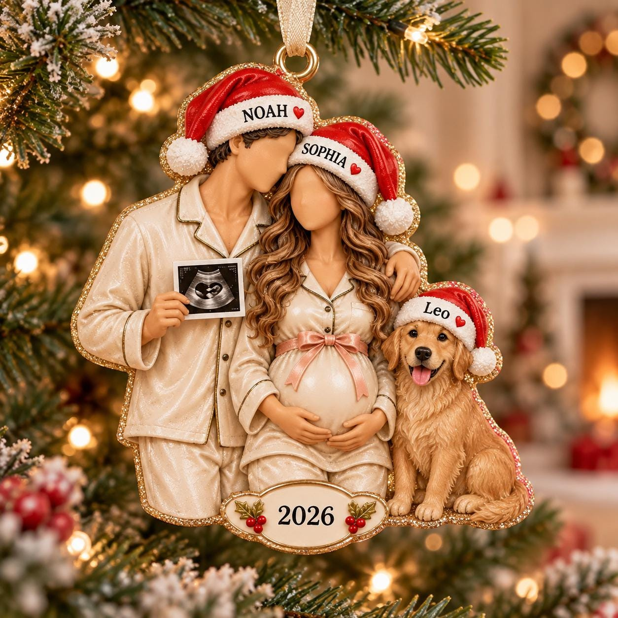 Personalized Expecting Couple Christmas Ornament, Custom Names & Dog Family Pregnancy Keepsake 2026