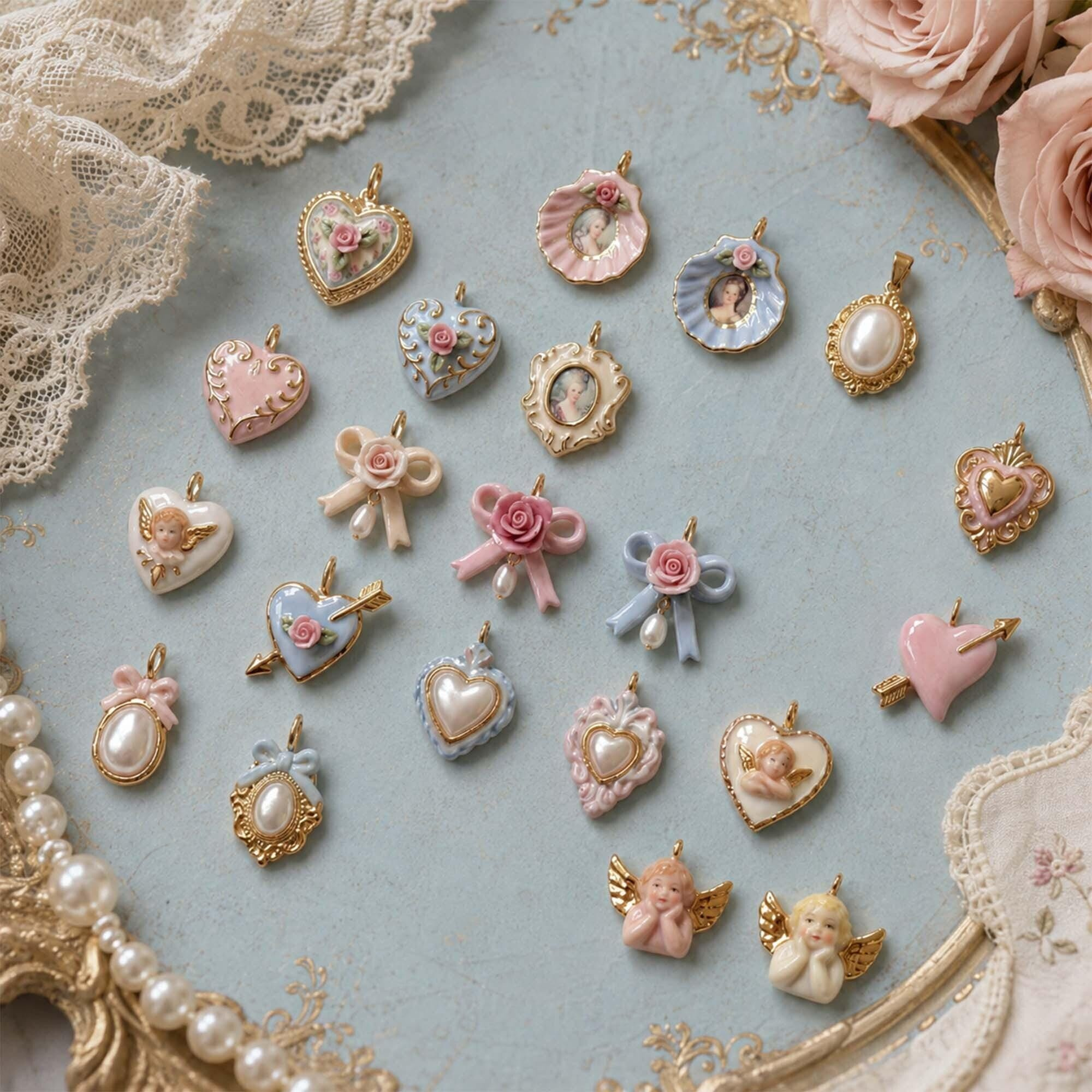 Vintage Romantic Enamel Charms for Jewelry Making - Heart Rose Cameo Pearl Bow Pendants DIY Supplies