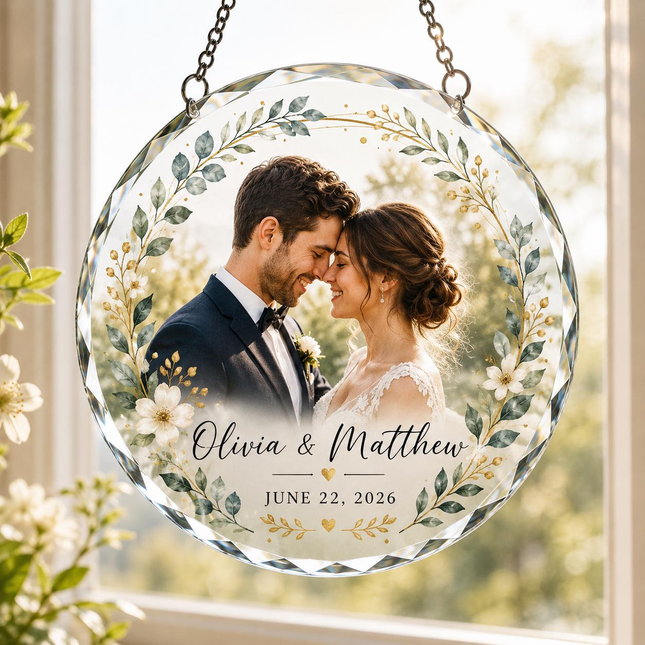 Personalized Wedding Suncatcher with Custom Photo, Couple Names and Date - Glass Window Keepsake