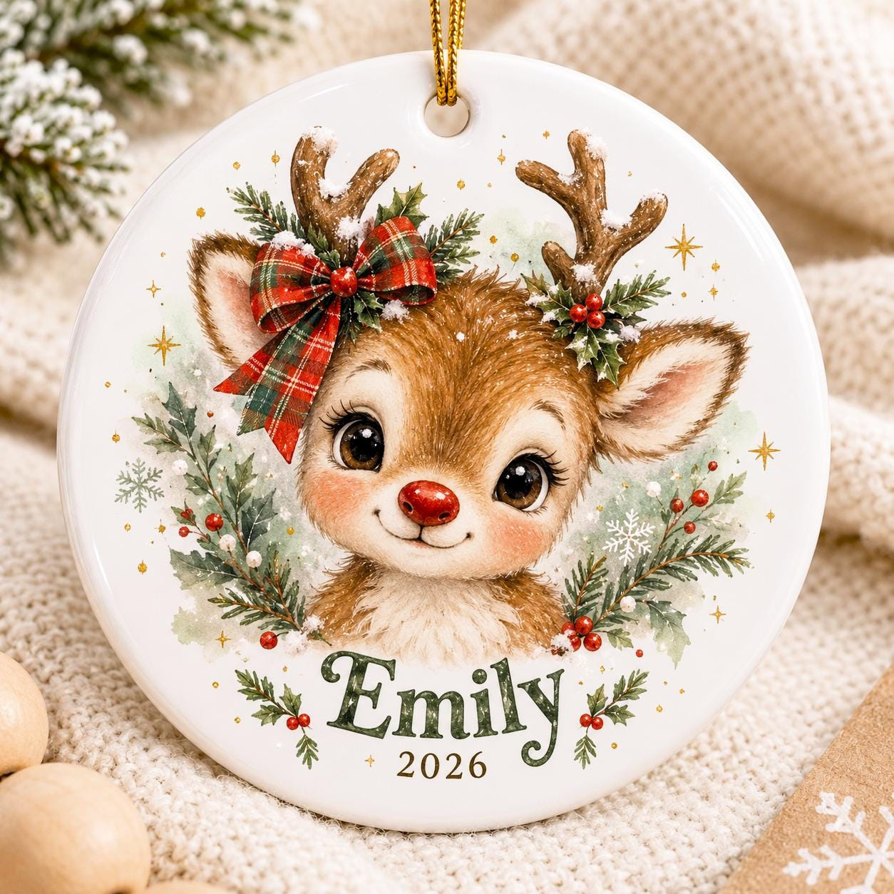 Personalized Reindeer Christmas Ornament 2026, Custom Name Baby Deer Ceramic Holiday Keepsake for Family