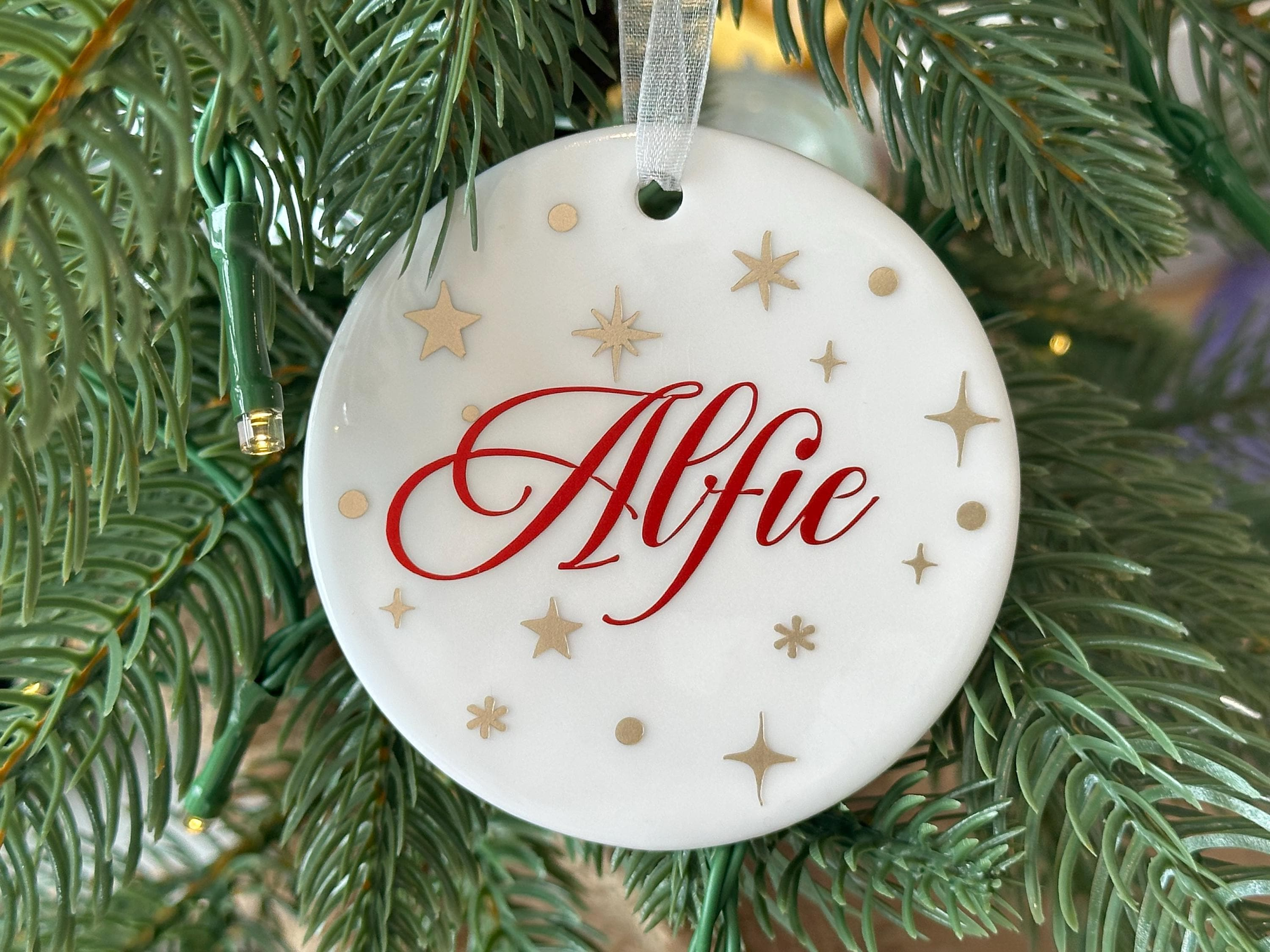 Personalised Christmas Ornament Starry Name Ceramic or Frosted Glass Disc Keepsake Personalised Christmas Ornament Starry Name Ceramic or Frosted Glass Disc Keepsake