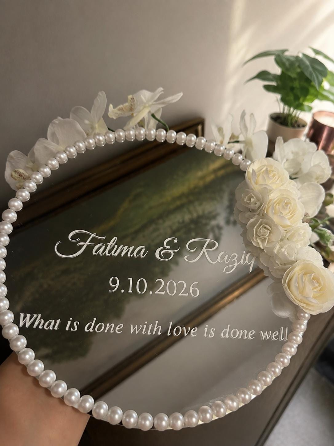 Personalized Arabic Wedding Ring Tray, Acrylic Mirror Engagement Sign with Gold Detailing 1 - MeasureMason Personalized Arabic Wedding Ring Tray, Acrylic Mirror Engagement Sign with Gold Detailing 1