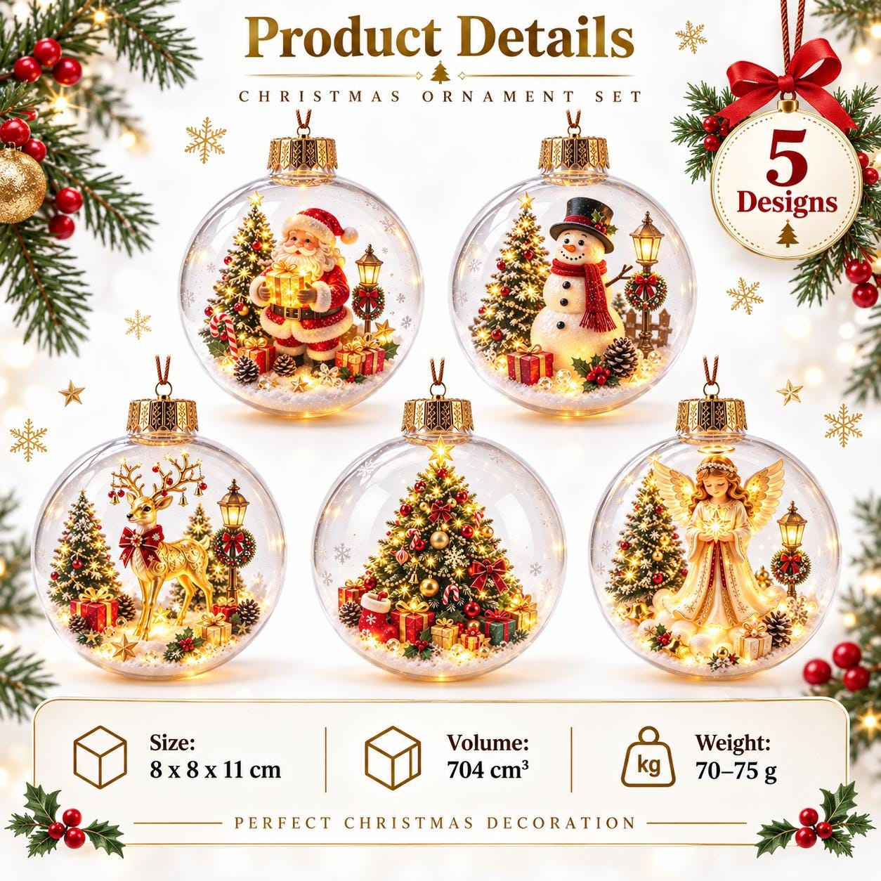 LED Christmas Ornament Ball, Clear Acrylic Lighted Bauble, 5 Holiday Designs, Tree Decoration & Keepsake Gift 1 - MeasureMason LED Christmas Ornament Ball, Clear Acrylic Lighted Bauble, 5 Holiday Designs, Tree Decoration & Keepsake Gift 1