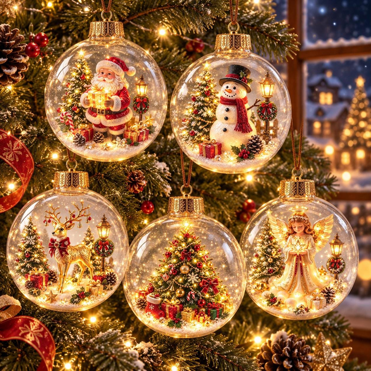 LED Christmas Ornament Ball, Clear Acrylic Lighted Bauble, 5 Holiday Designs, Tree Decoration & Keepsake Gift