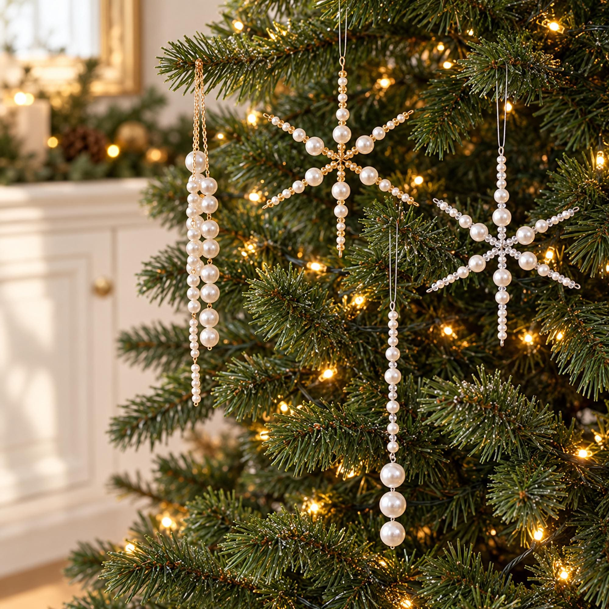 Pearl Snowflake Christmas Ornament - Elegant Gold & Silver Holiday Tree Decoration, Winter Hanging Pendant Pearl Snowflake Christmas Ornament - Elegant Gold & Silver Holiday Tree Decoration, Winter Hanging Pendant