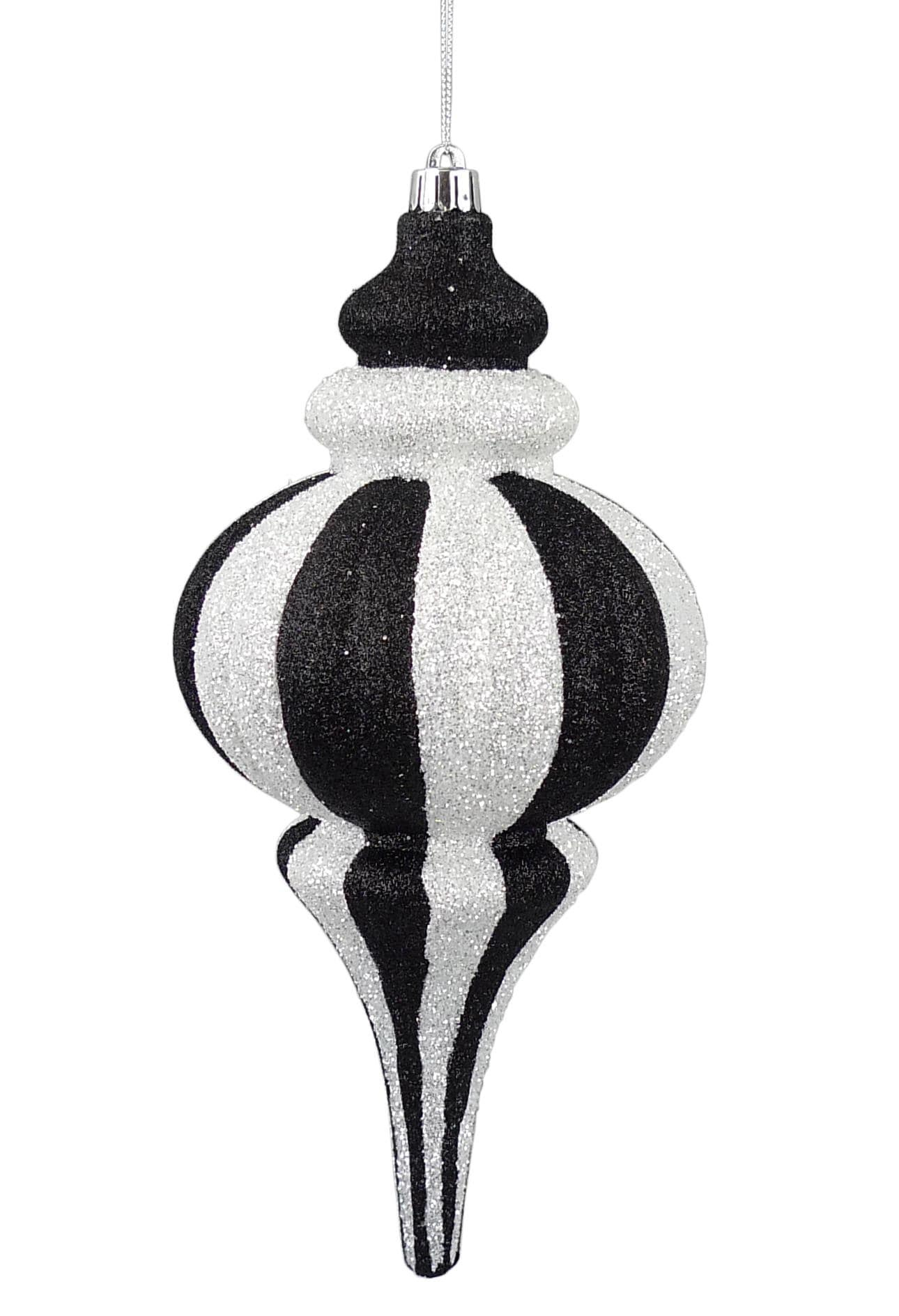 10 Inch Black and White Glitter Drop Shape Christmas Ornament - Shatterproof Finial for Tree or Wreath