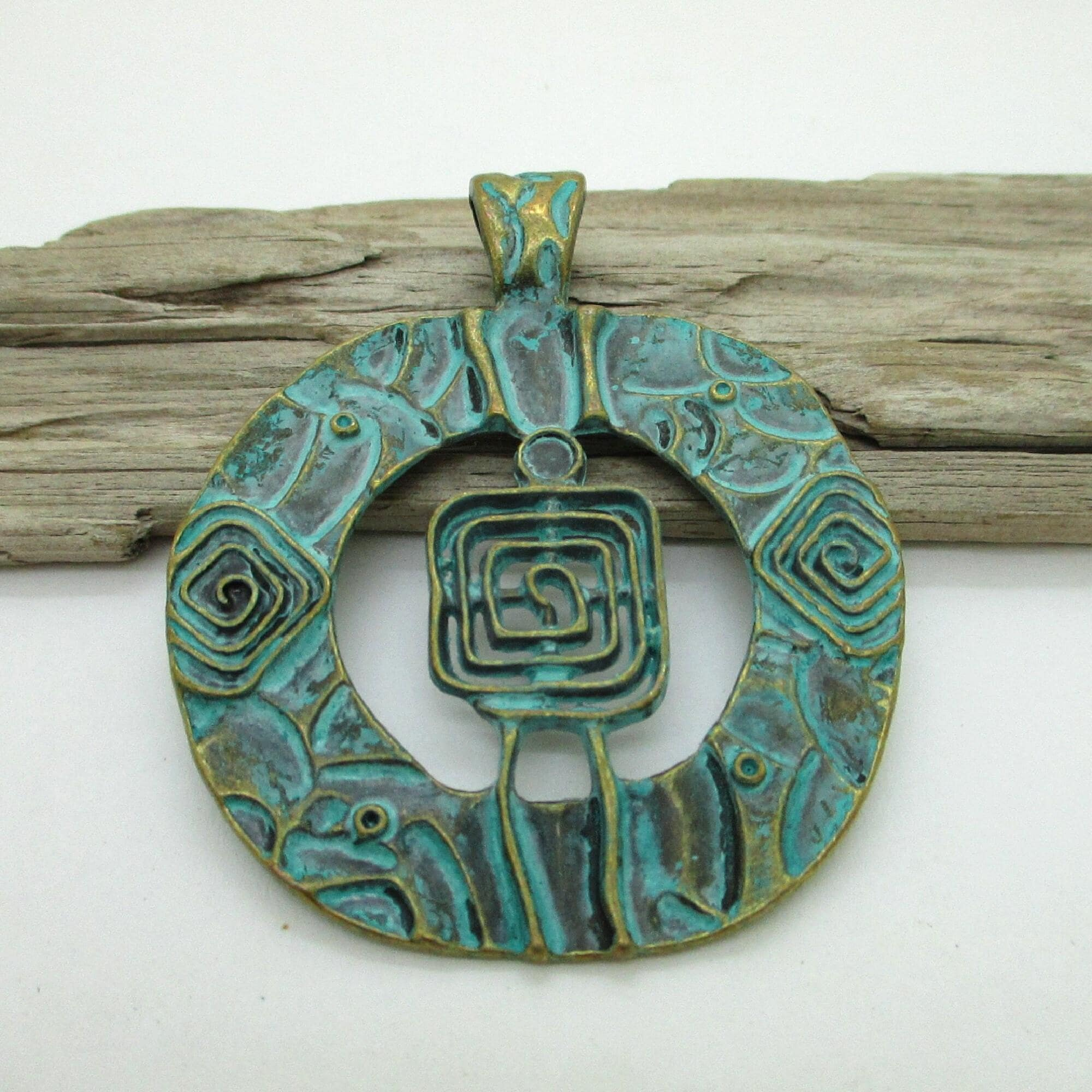 Large Metal Boho Pendant with Tribal Patina Finish and Spiral Design, 70mm Statement Piece for Jewelry Making