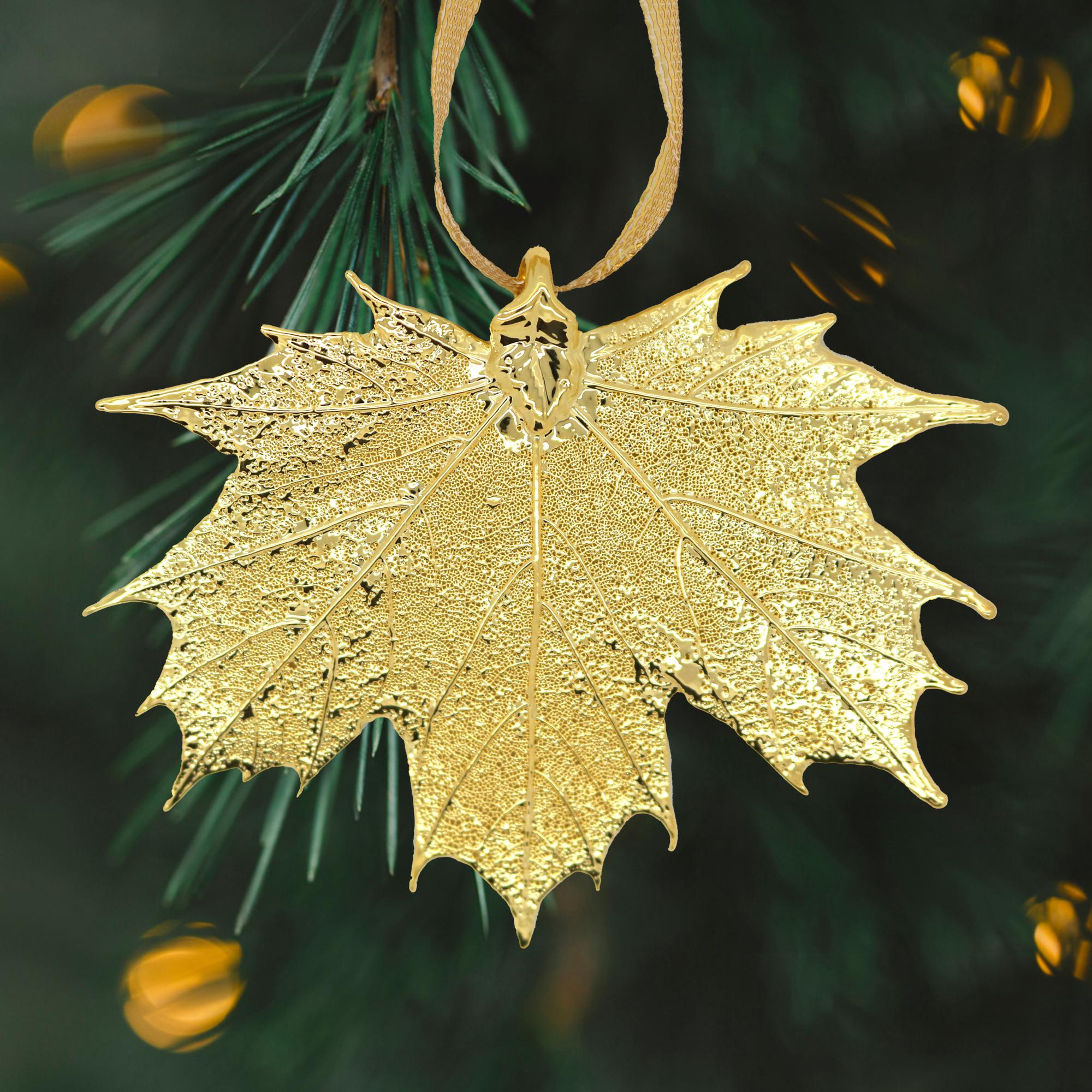 24k Gold Dipped Real Sugar Maple Leaf Christmas Ornament with String and Gift Box