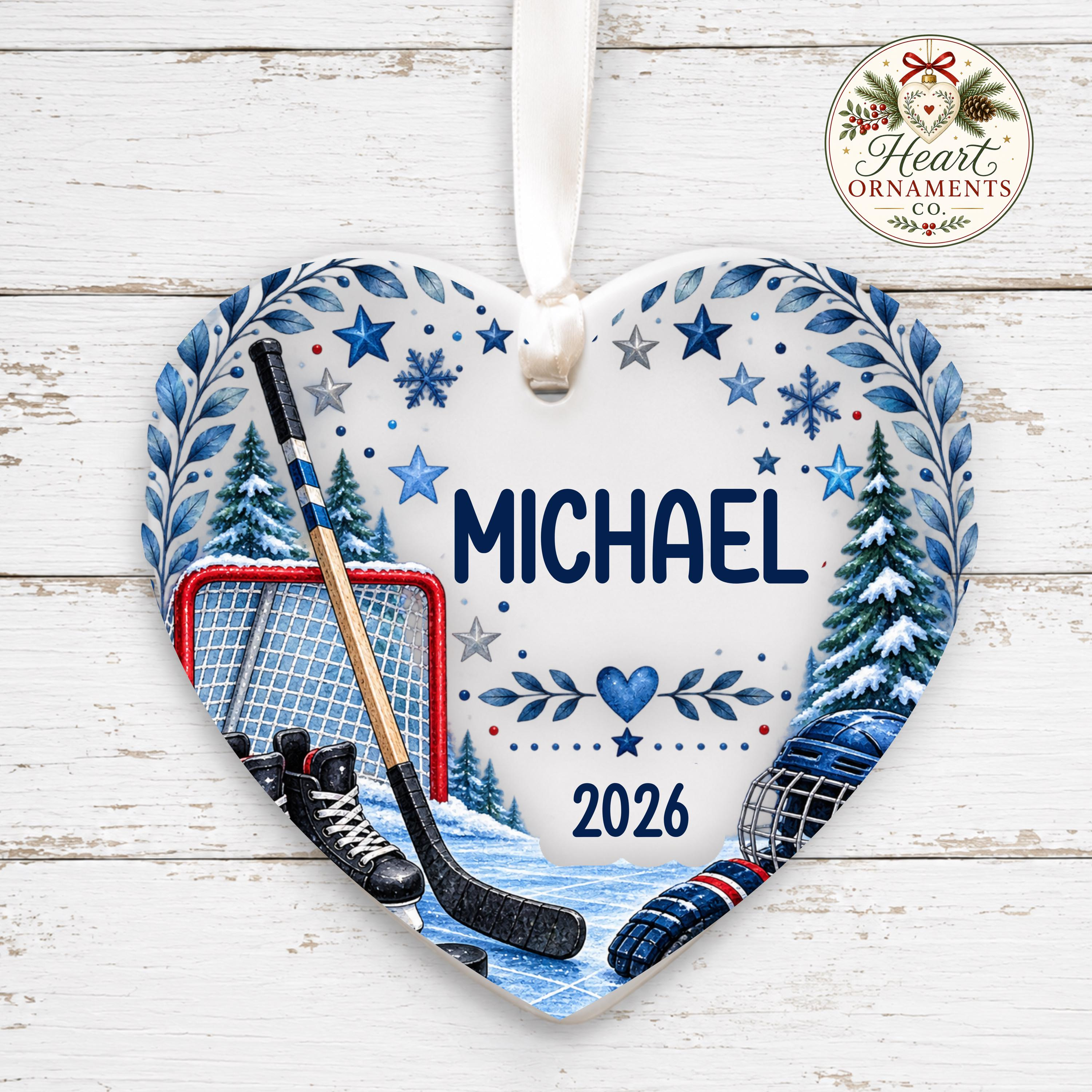 Personalized Hockey Heart Ceramic Ornament - Custom Kids Christmas Keepsake