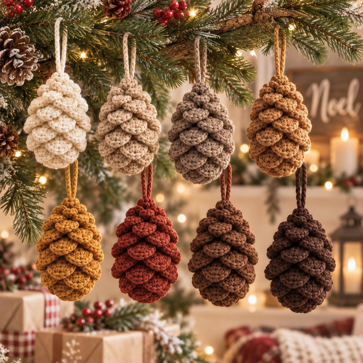 Crochet Pine Cone Ornament, Handmade Christmas Tree Decor, Rustic Woodland Hanging Ornament