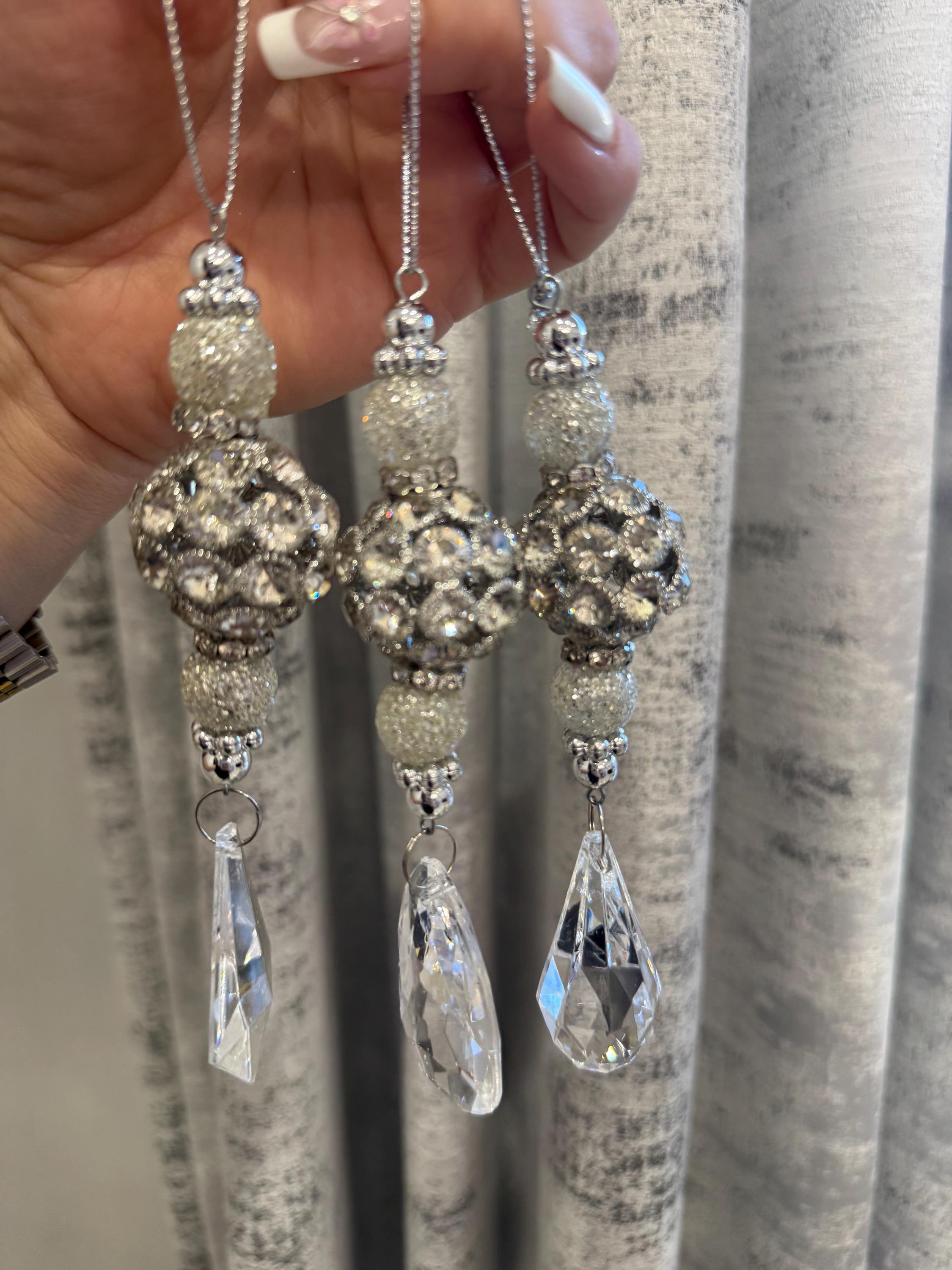 Silver Pendant Ornaments Set of 3 - Crystal Christmas Tree Decorations, Shimmer Holiday Hanging Ornaments