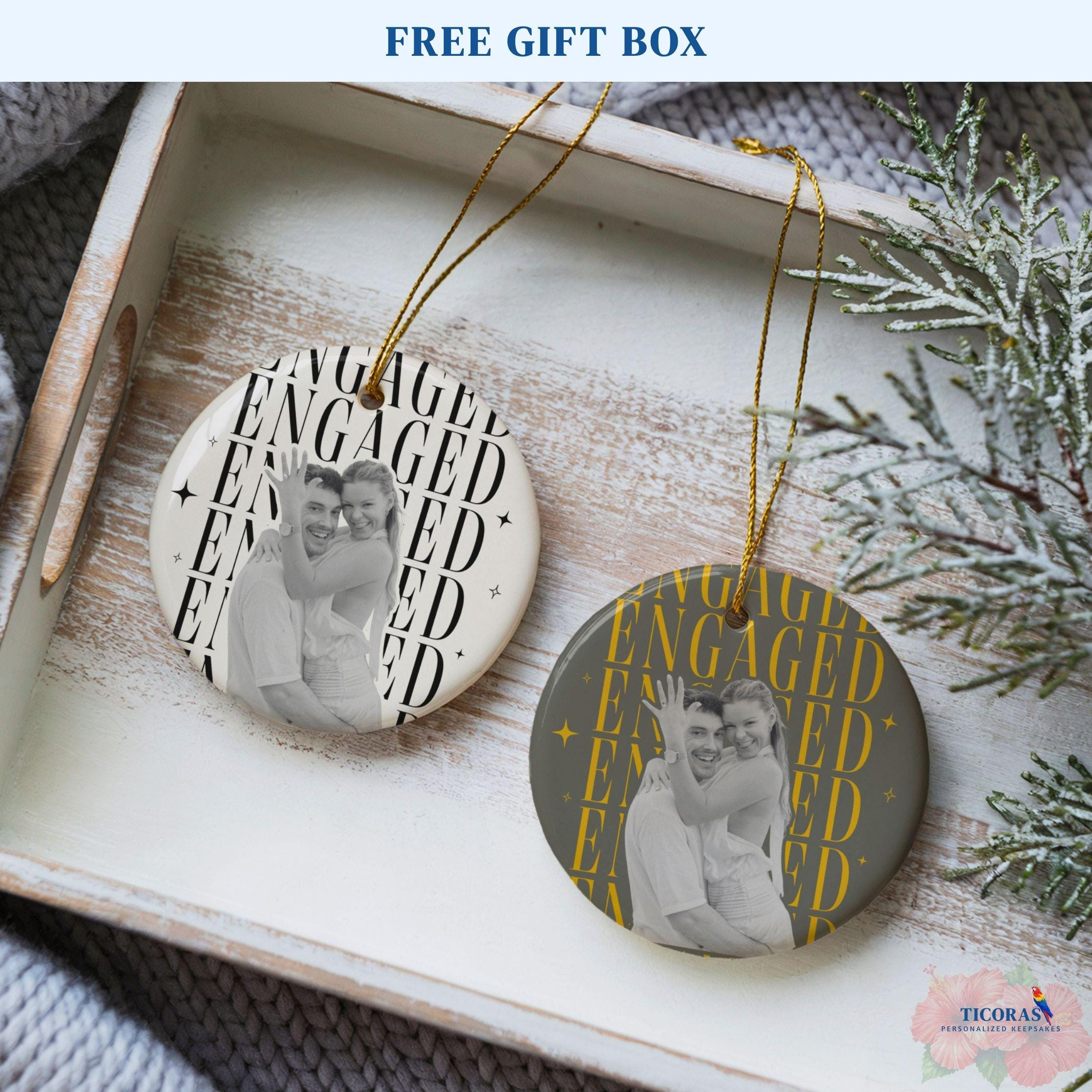 Personalized Engaged Couple Ornament, Custom Photo Christmas Keepsake Bridal Shower Gift for Bride to Be