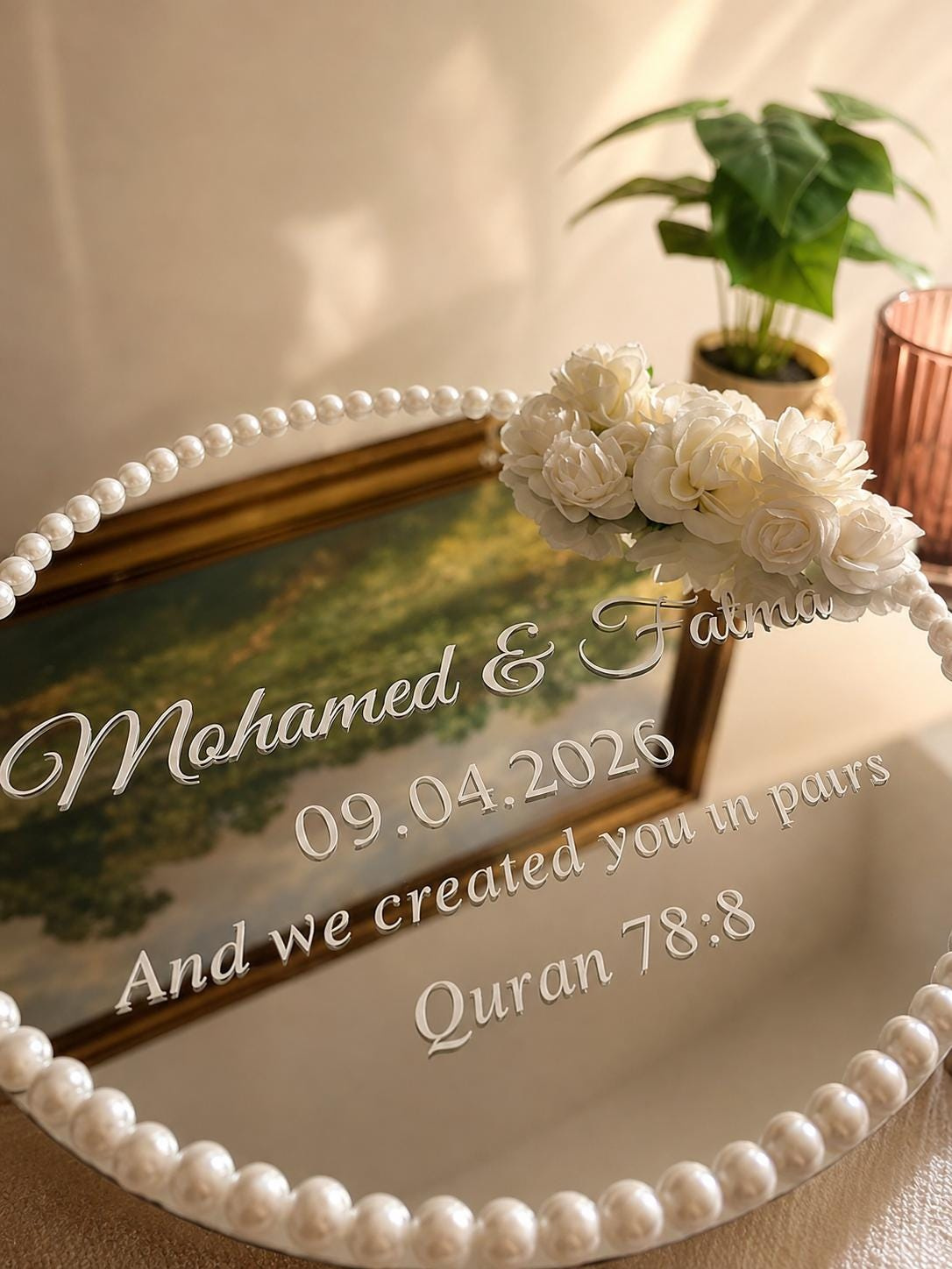 Personalized Arabic Wedding Ring Tray, Acrylic Mirror Engagement Sign with Gold Detailing