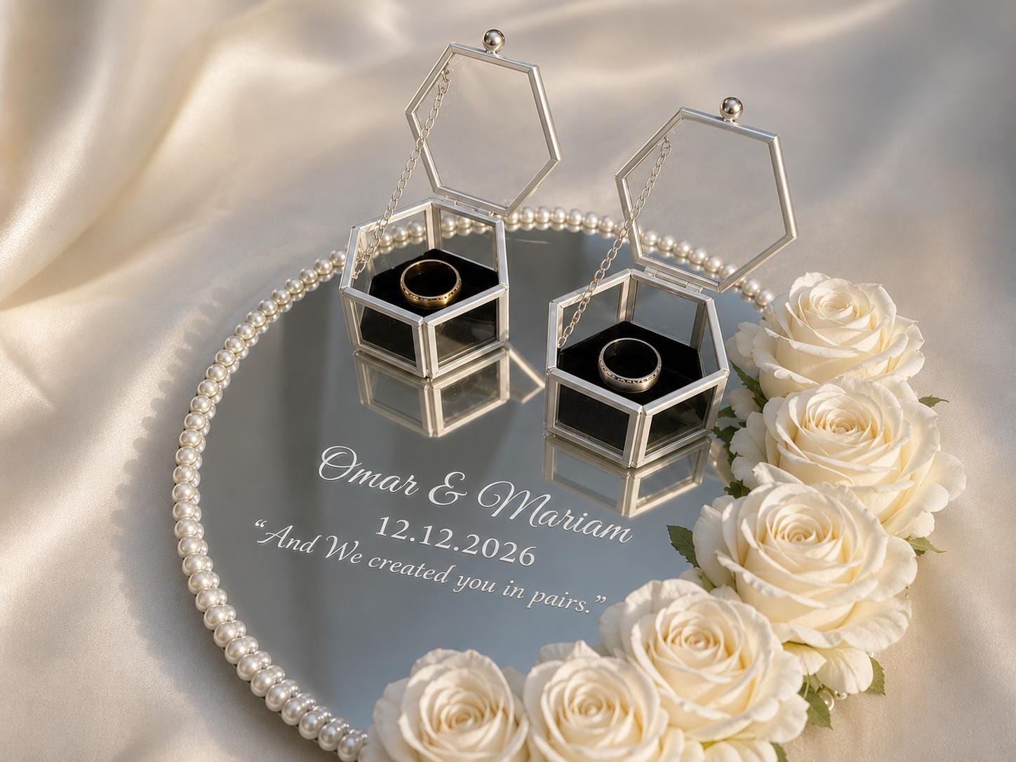Personalized Arabic Wedding Ring Tray, Acrylic Mirror Engagement Sign with Gold Detailing 2 - MeasureMason Personalized Arabic Wedding Ring Tray, Acrylic Mirror Engagement Sign with Gold Detailing 2