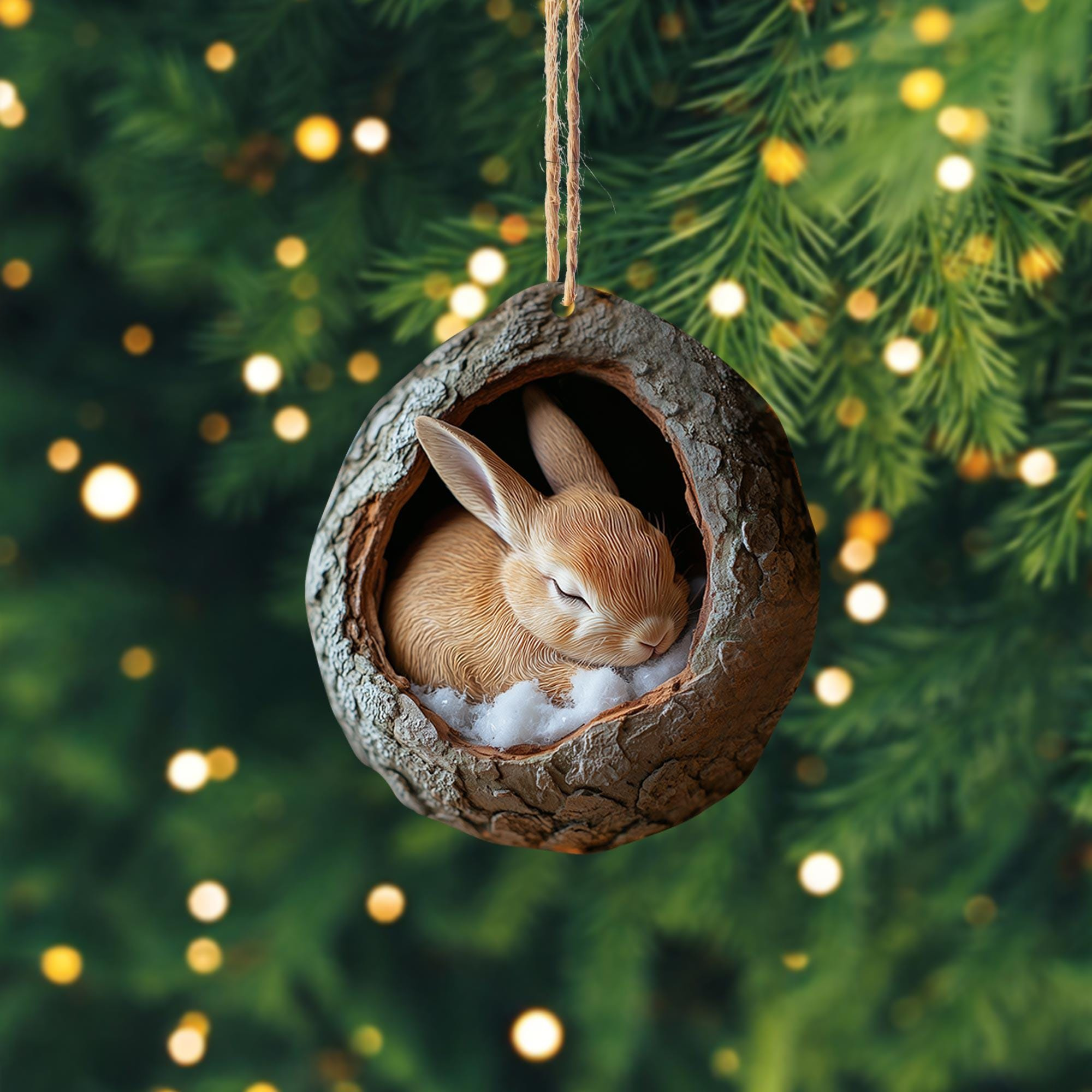 Bunny Christmas Ornament, 2D Flat Rabbit Sleeping Holiday Tree Decor, Wood or Acrylic Animal Lover Gift