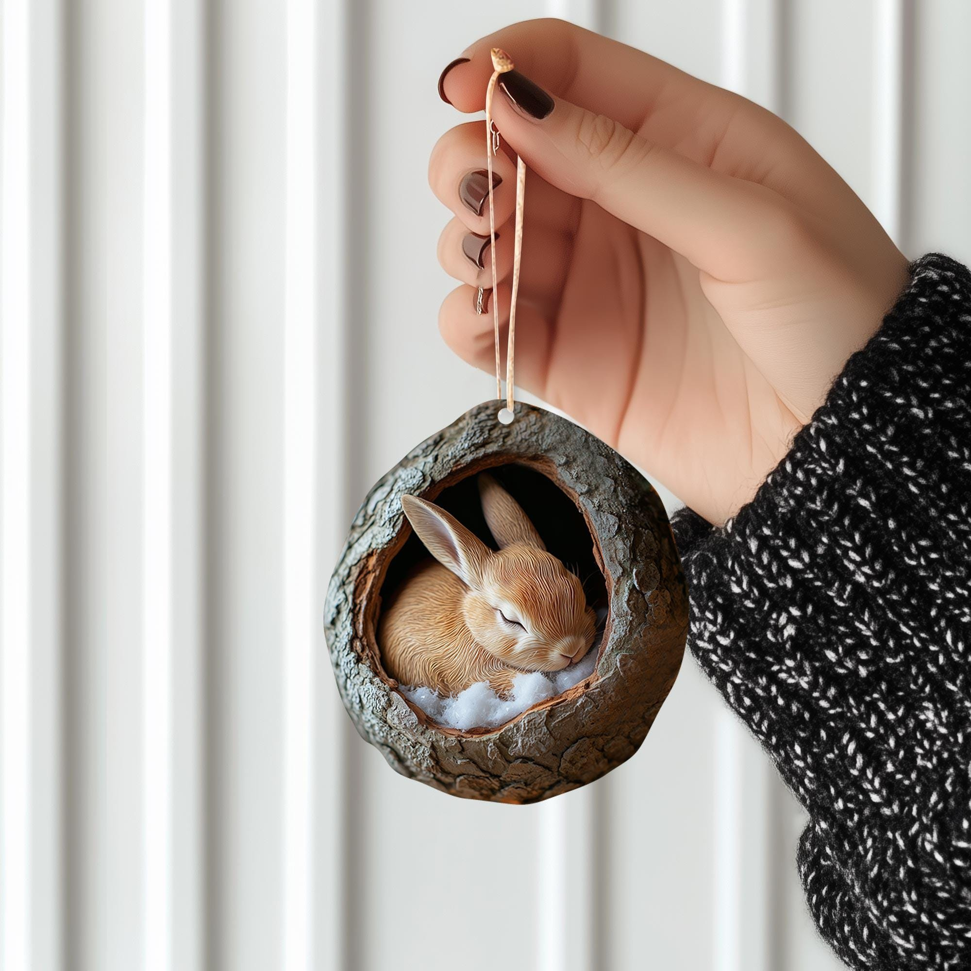 Bunny Christmas Ornament, 2D Flat Rabbit Sleeping Holiday Tree Decor, Wood or Acrylic Animal Lover Gift 3 - MeasureMason Bunny Christmas Ornament, 2D Flat Rabbit Sleeping Holiday Tree Decor, Wood or Acrylic Animal Lover Gift 3