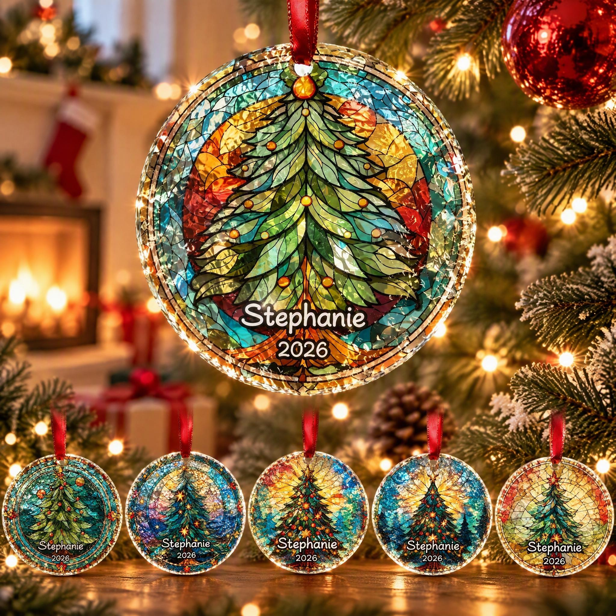 Personalized Christmas Tree Glass Ornament, Custom Name and Year, Stained Glass Style Suncatcher Holiday Keepsake