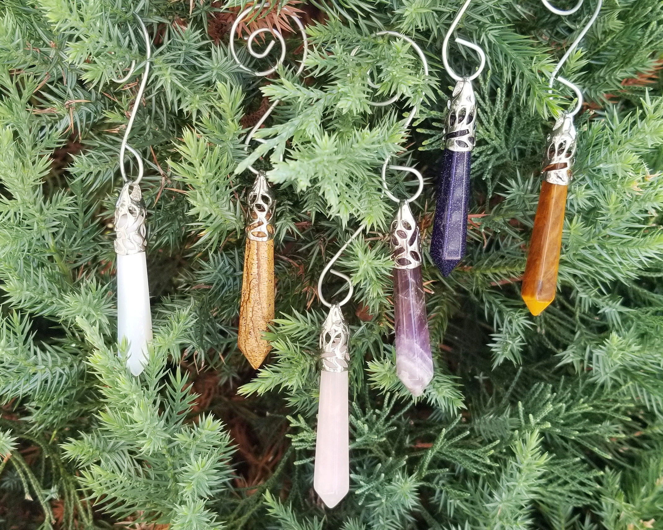 Quartz Christmas Ornament Set - Natural Gemstone Crystal Point Holiday Tree Decoration, 1 or 6 Pieces