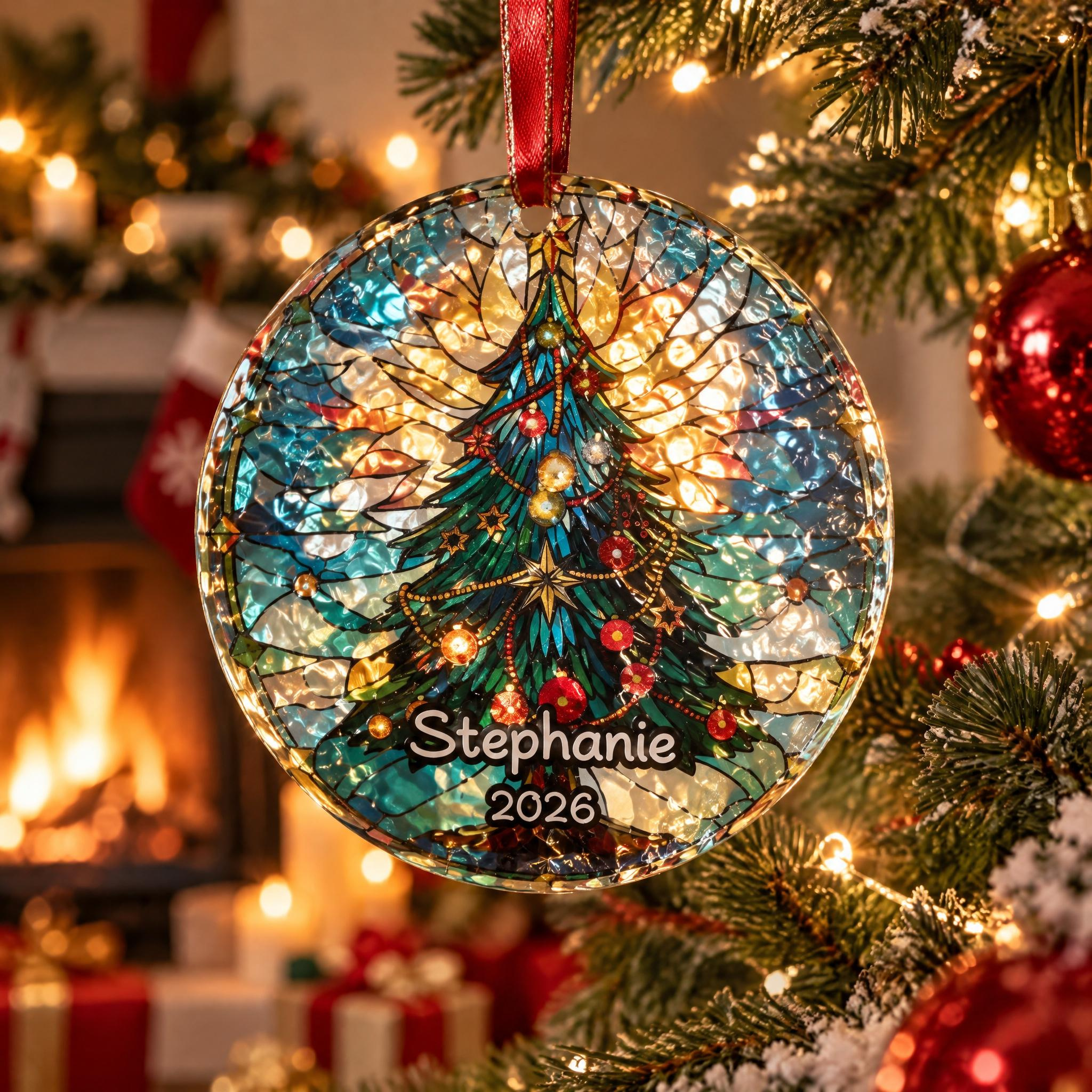 Personalized Christmas Tree Glass Ornament, Custom Name and Year, Stained Glass Style Suncatcher Holiday Keepsake 4 - MeasureMason Personalized Christmas Tree Glass Ornament, Custom Name and Year, Stained Glass Style Suncatcher Holiday Keepsake 4
