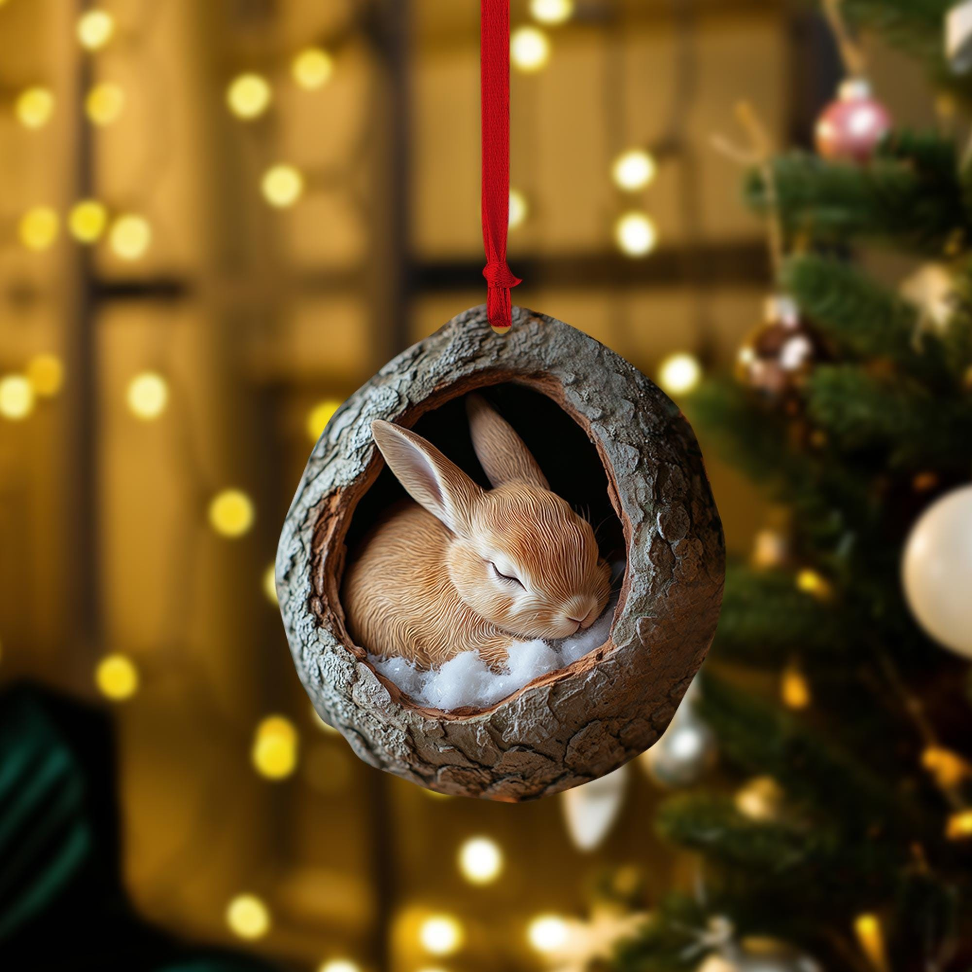 Bunny Christmas Ornament, 2D Flat Rabbit Sleeping Holiday Tree Decor, Wood or Acrylic Animal Lover Gift 2 - MeasureMason Bunny Christmas Ornament, 2D Flat Rabbit Sleeping Holiday Tree Decor, Wood or Acrylic Animal Lover Gift 2