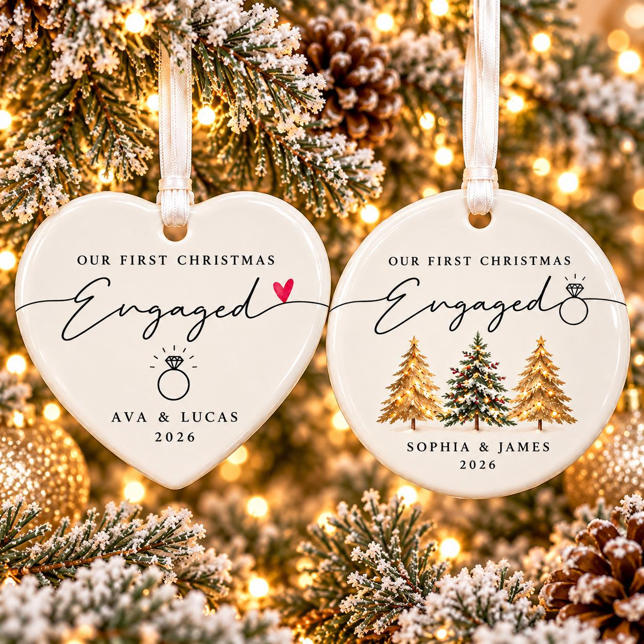 Personalized First Christmas Engaged Ornament, Heart or Round Ceramic Keepsake with Custom Names and Year